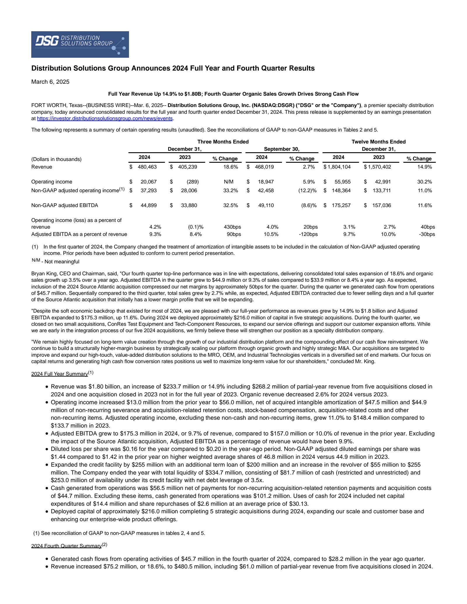 Distribution Solutions Group's Q4 2024 Press Release
