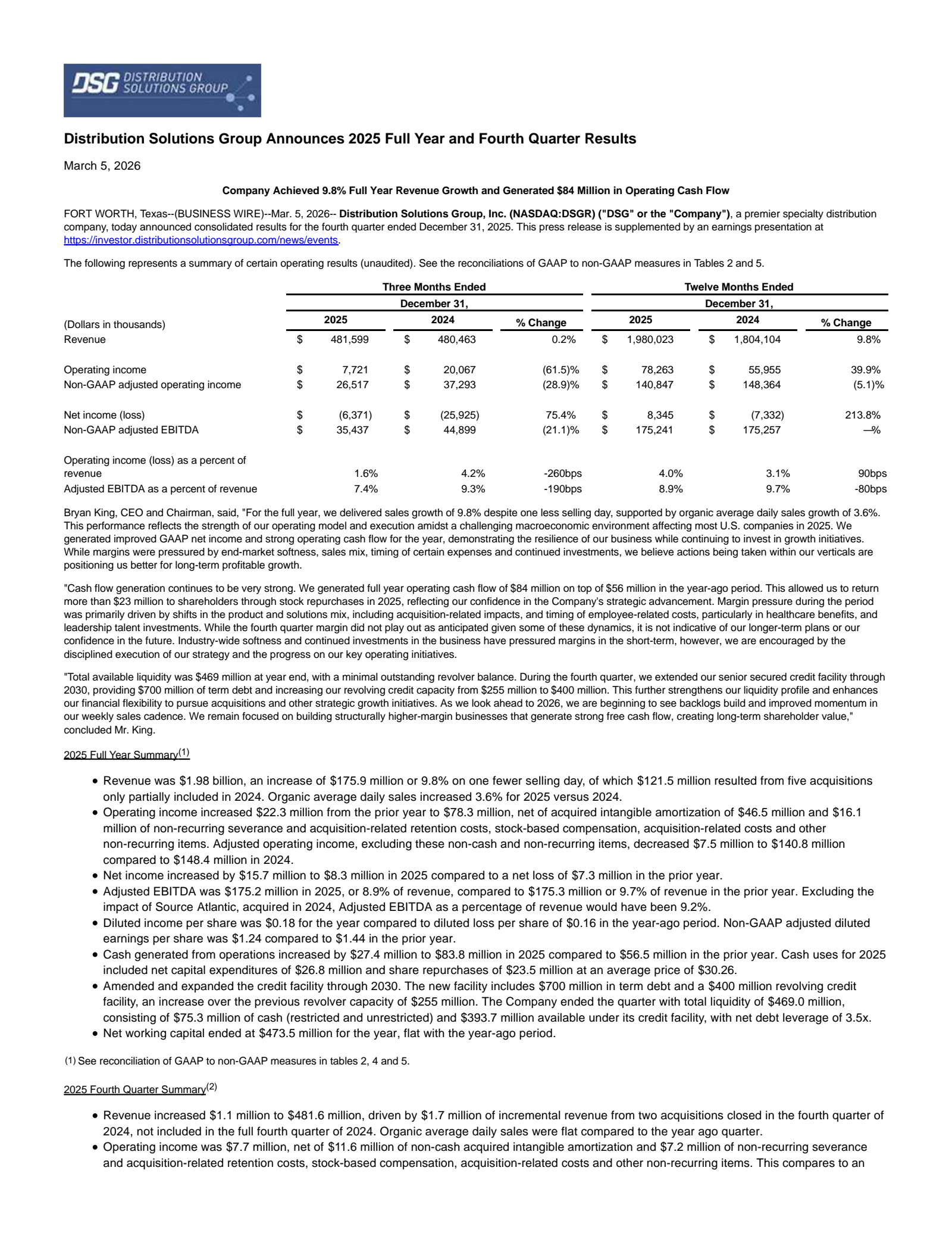 Distribution Solutions Group's Q4 2025 Press Release