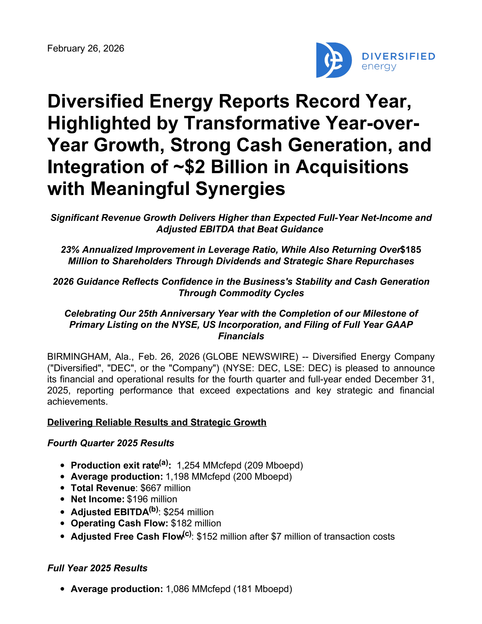 Diversified Energy's H2 2025 Press Release