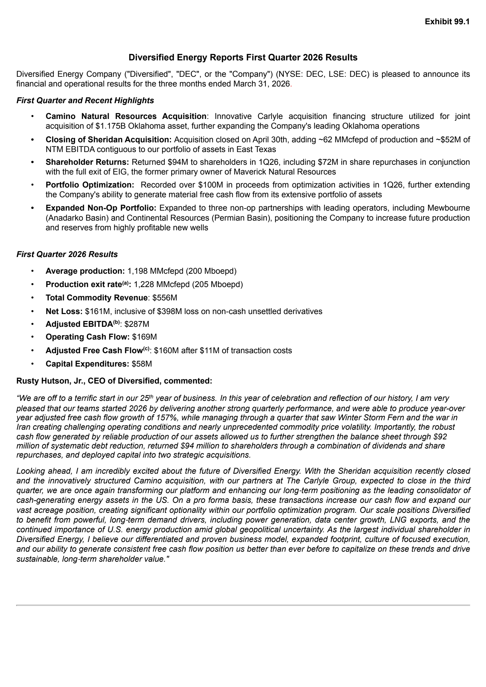 Diversified Energy's Q1 2026 Press Release