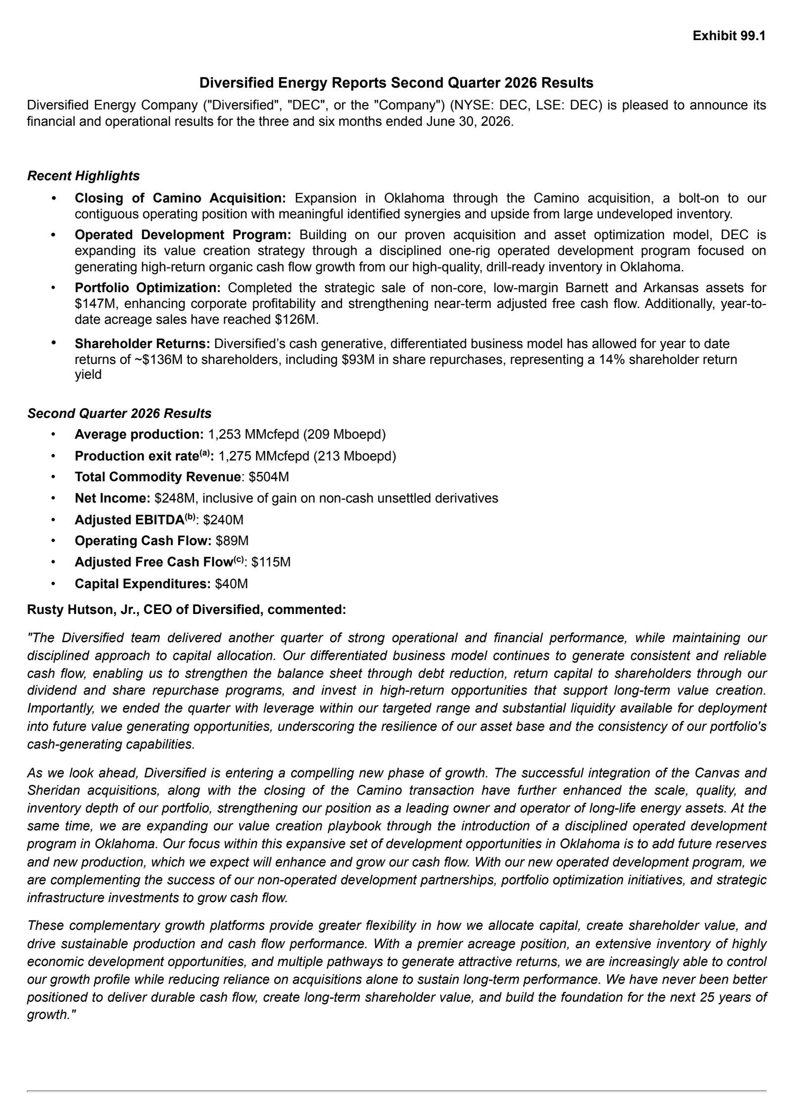 Diversified Energy's Q2 2026 Press Release