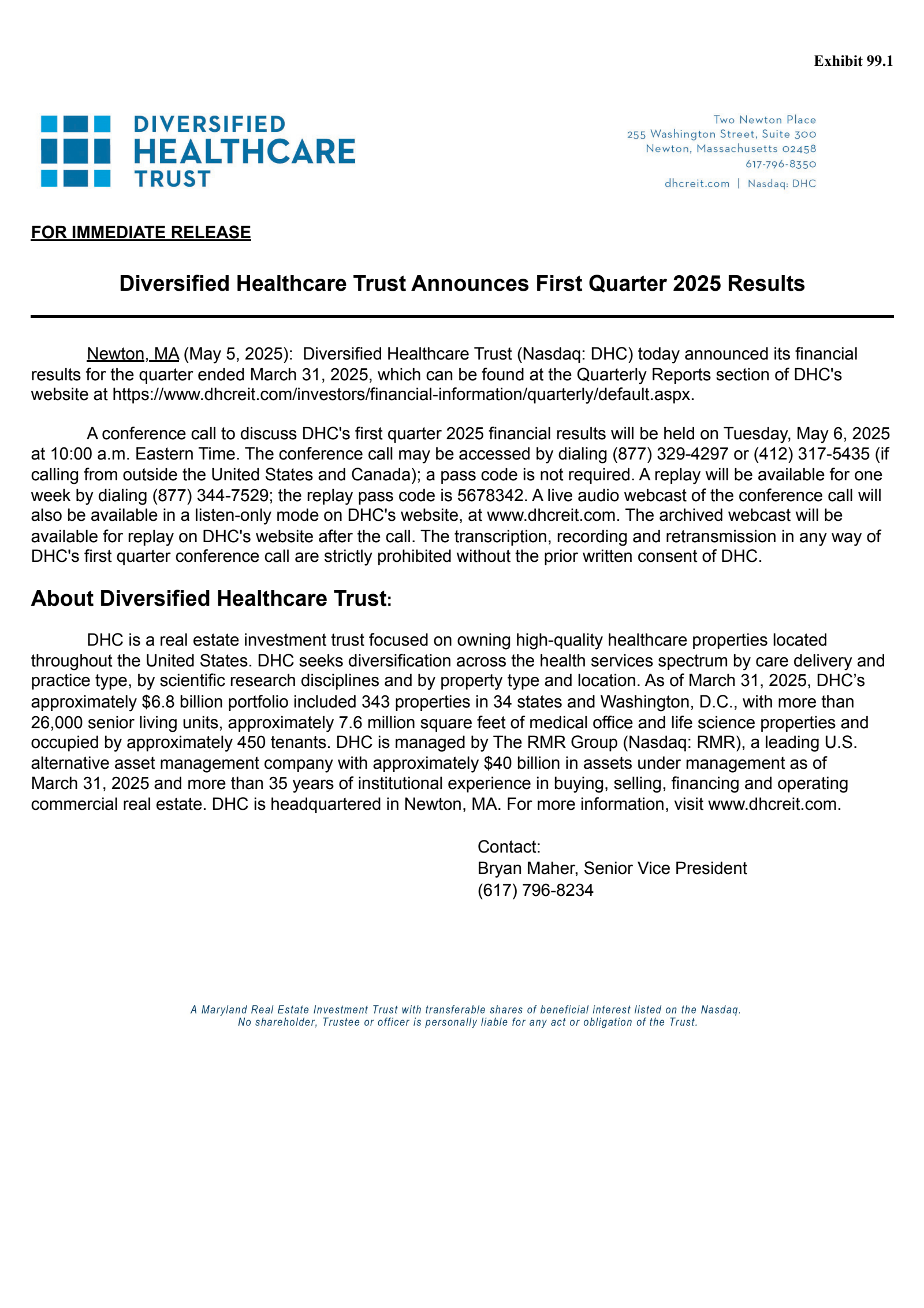 Diversified Healthcare Trust's Q1 2025 Press Release