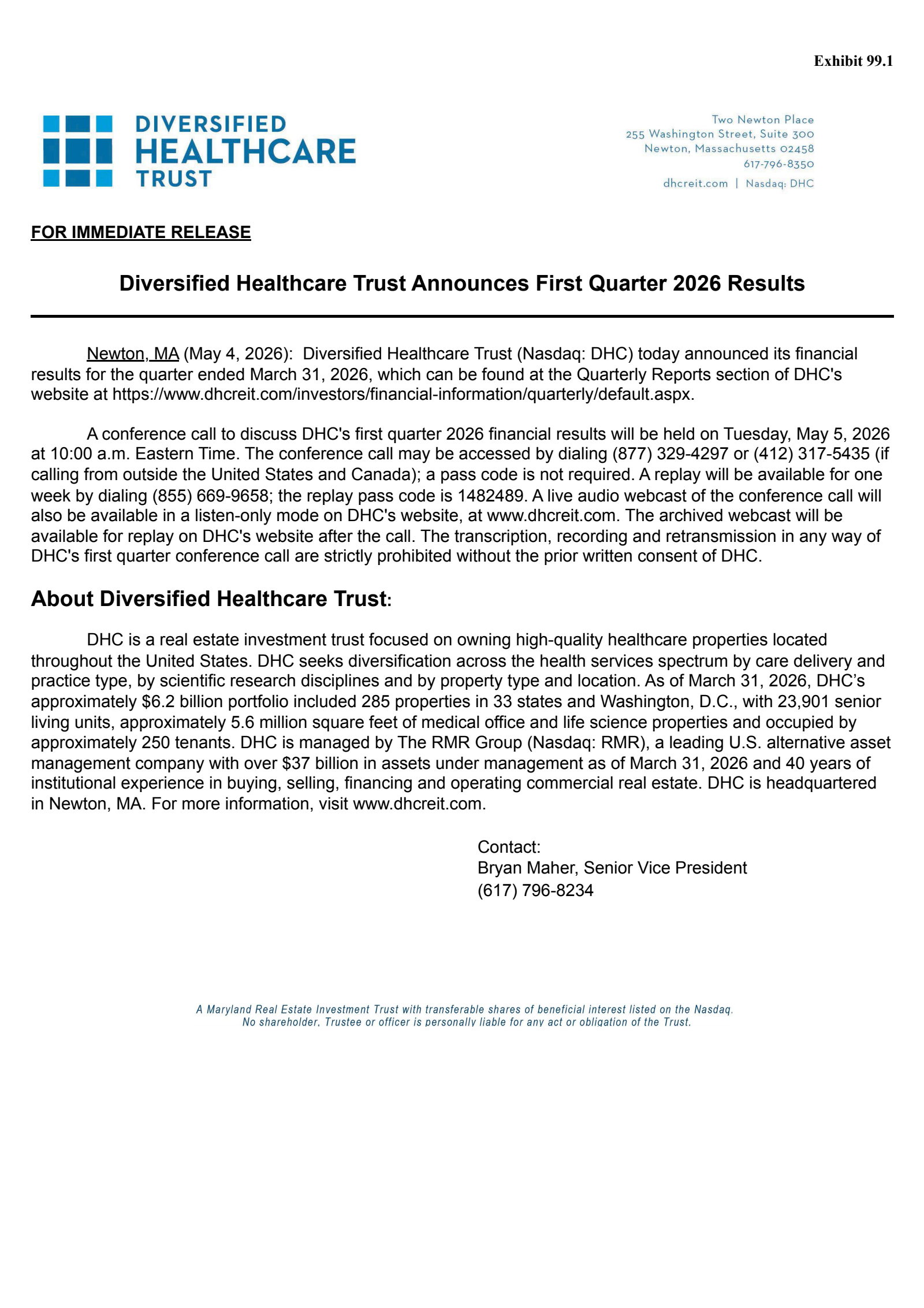 Diversified Healthcare Trust's Q1 2026 Press Release