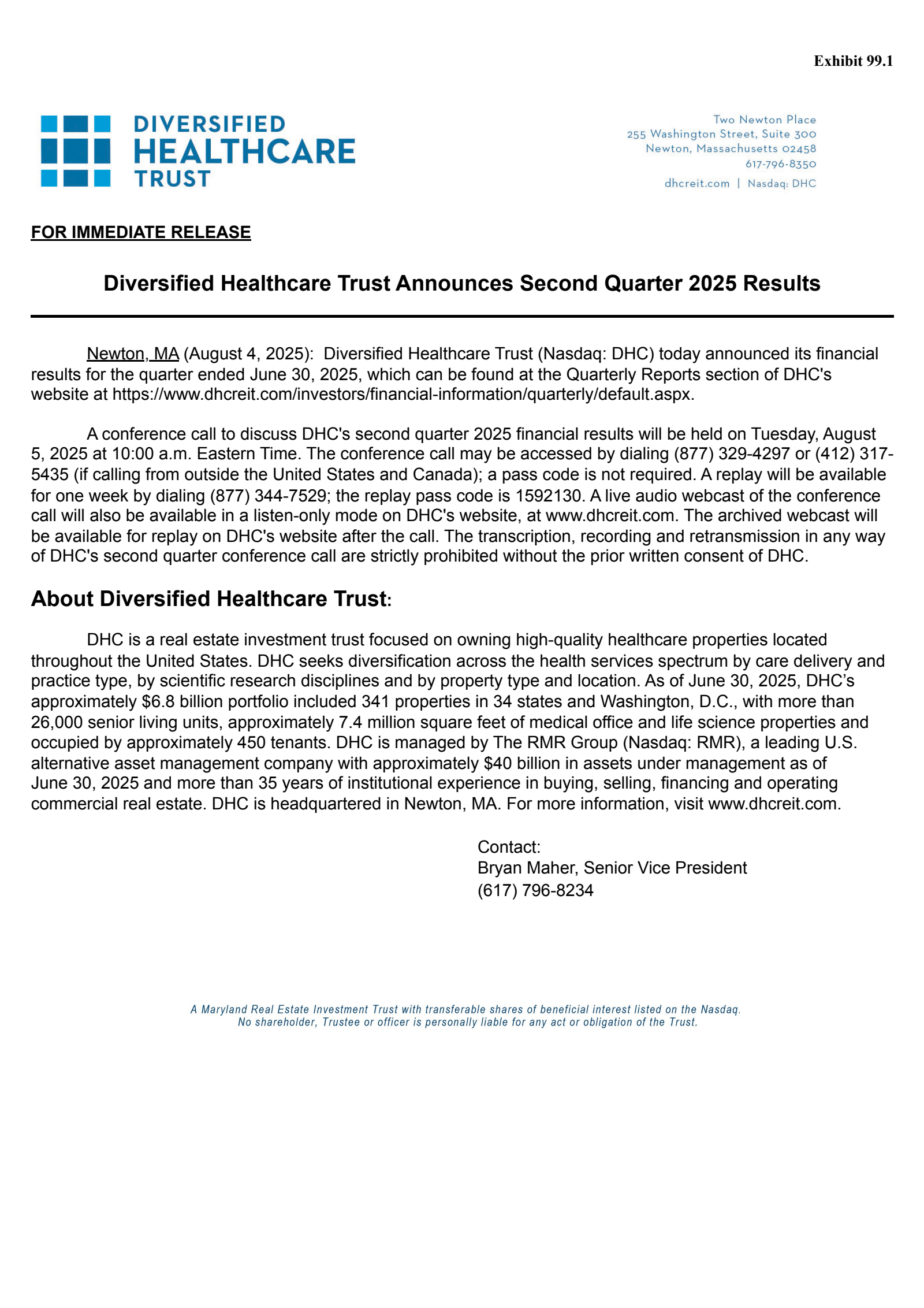 Diversified Healthcare Trust's Q2 2025 Press Release