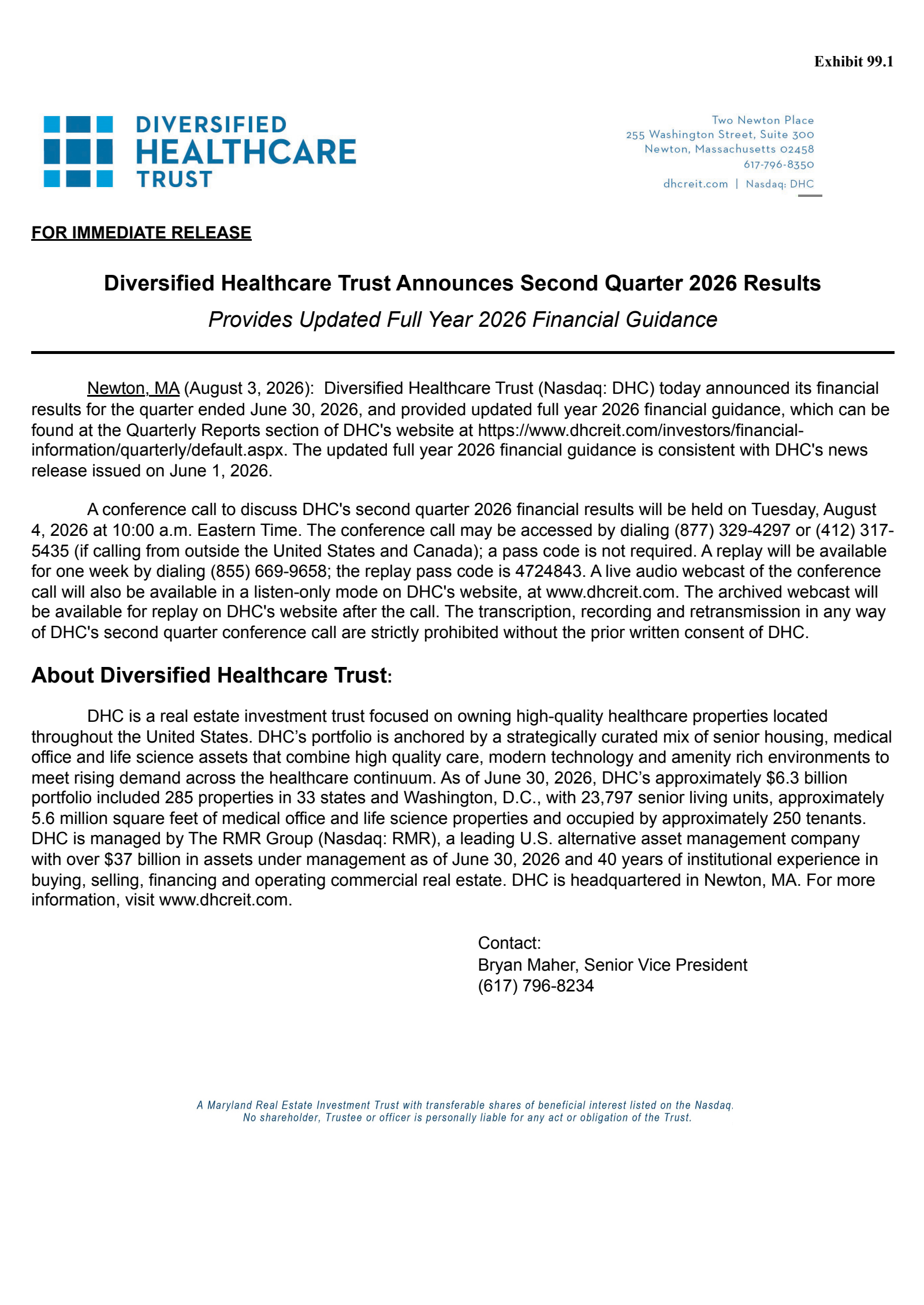 Diversified Healthcare Trust's Q2 2026 Press Release