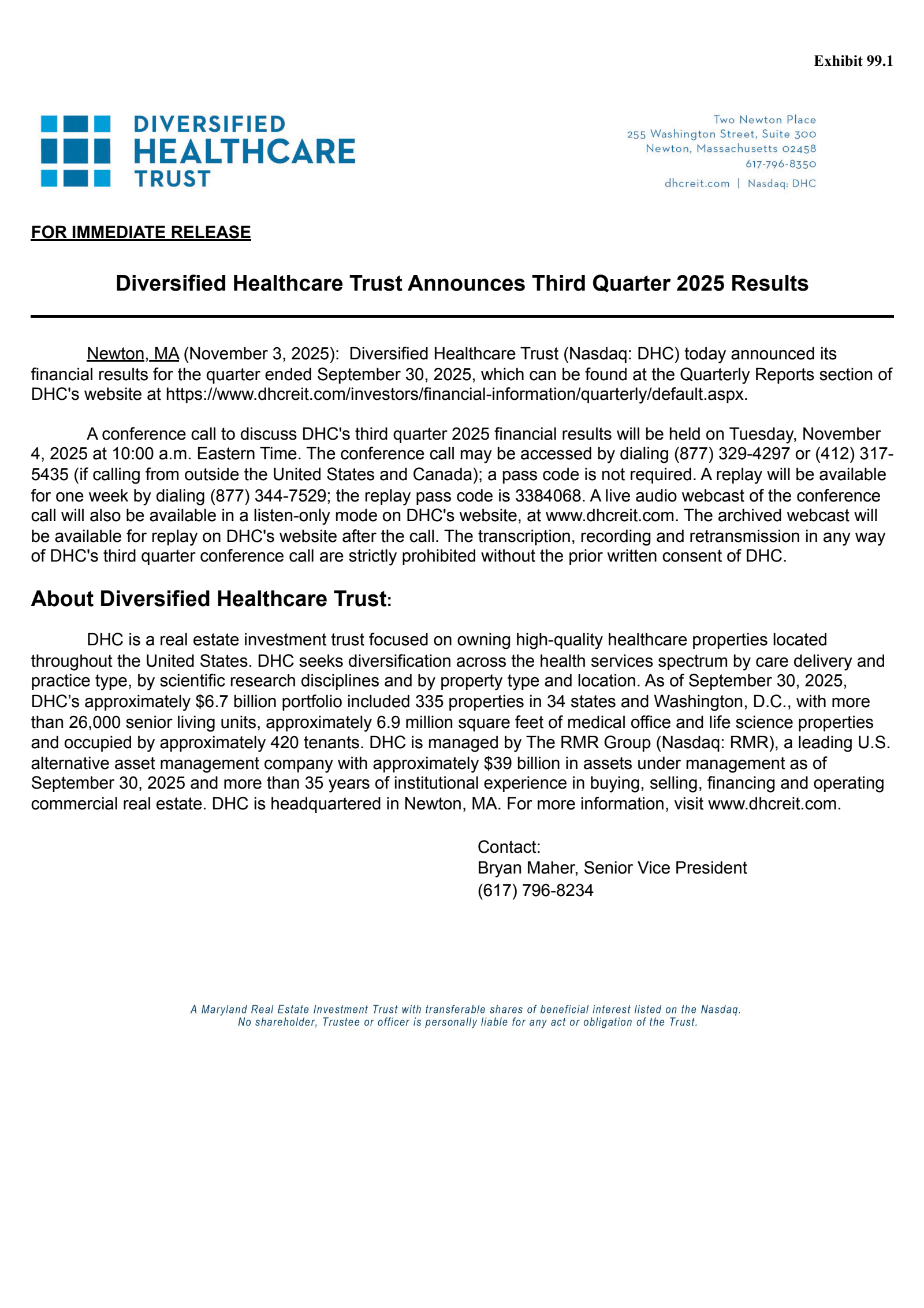 Diversified Healthcare Trust's Q3 2025 Earnings Release