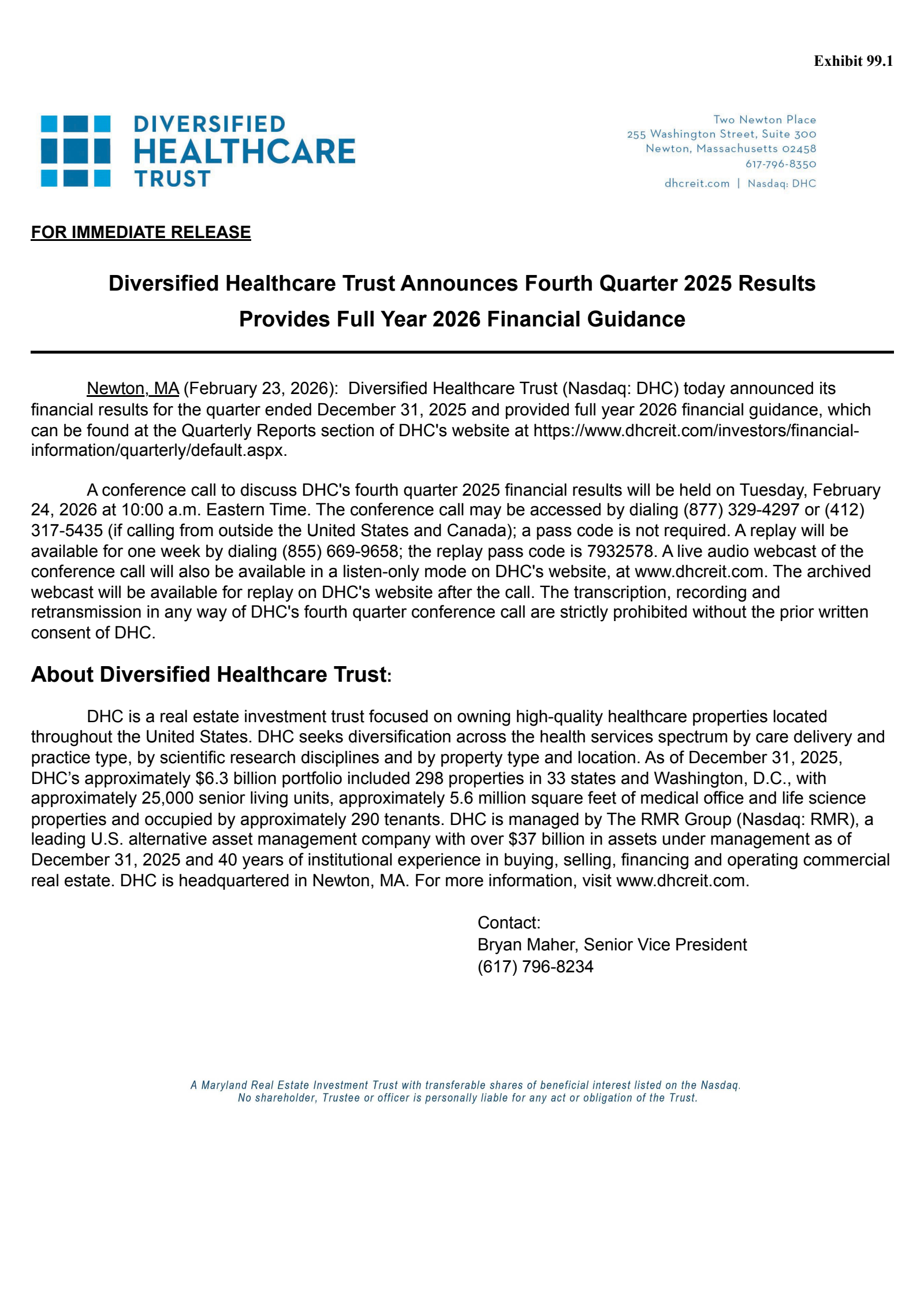 Diversified Healthcare Trust's Q4 2025 Press Release