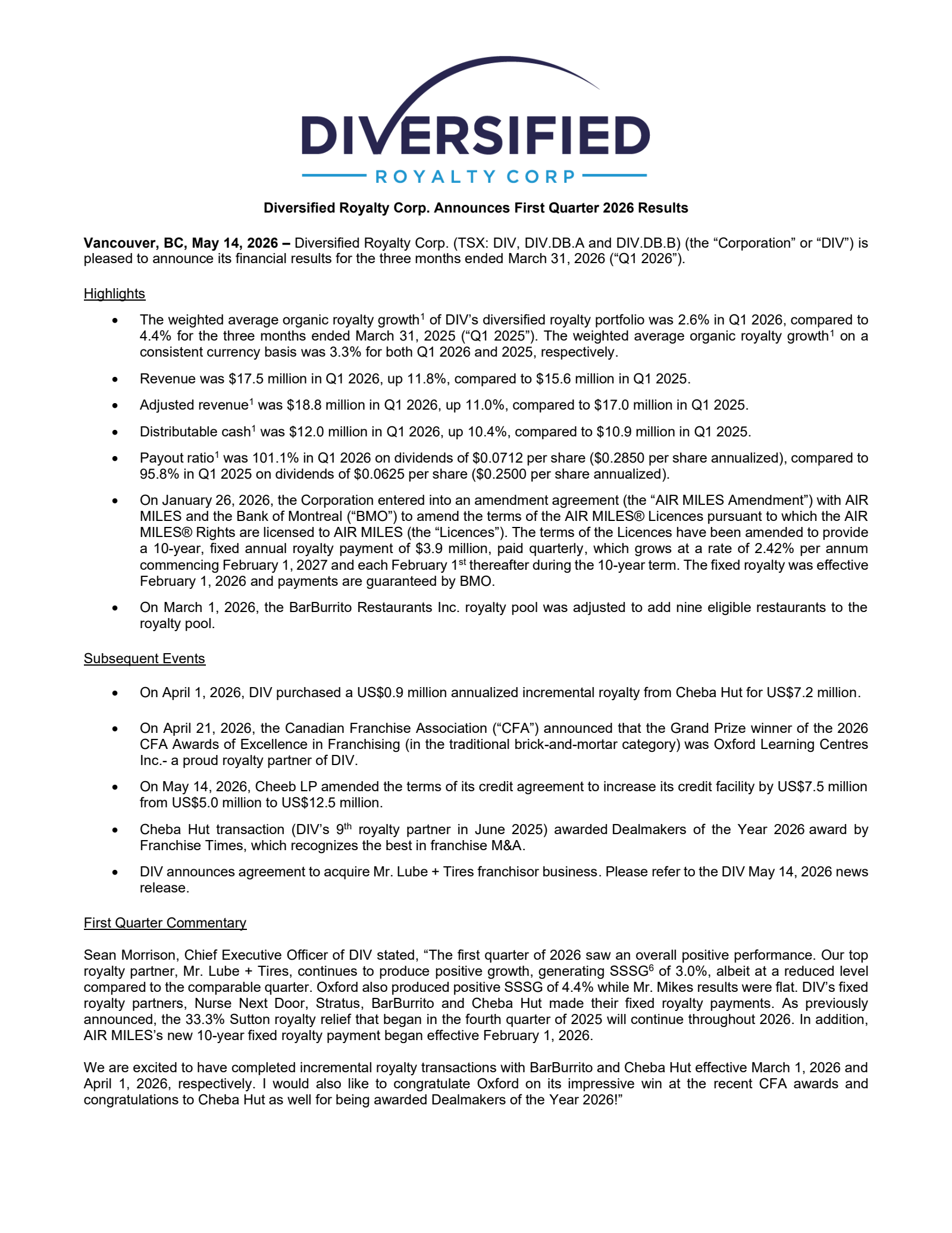 Diversified Royalty's Q1 2026 Press Release