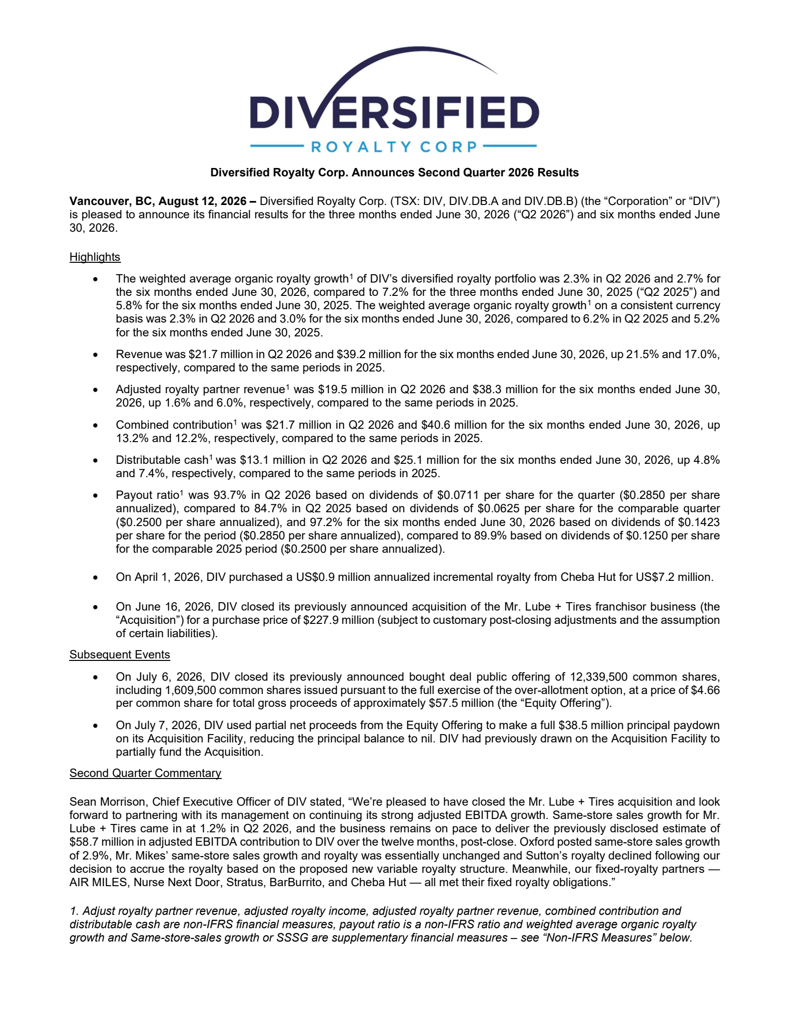 Diversified Royalty's Q2 2026 Press Release