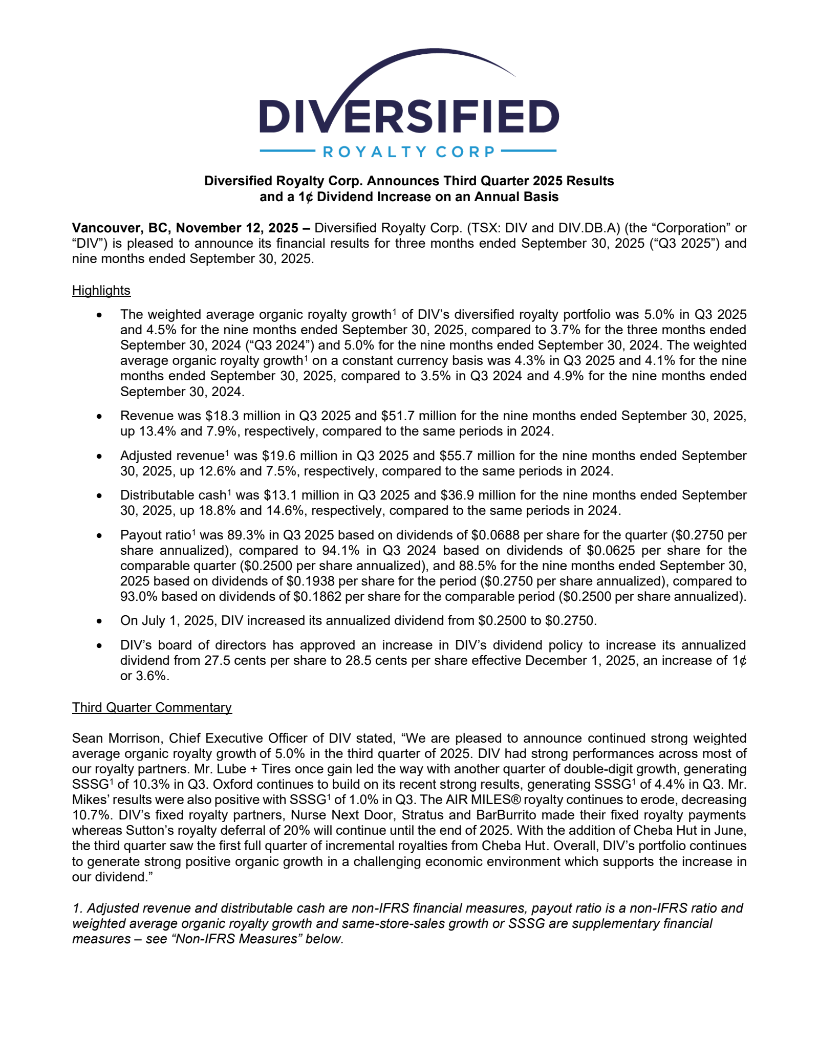 Diversified Royalty's Q3 2025 Press Release