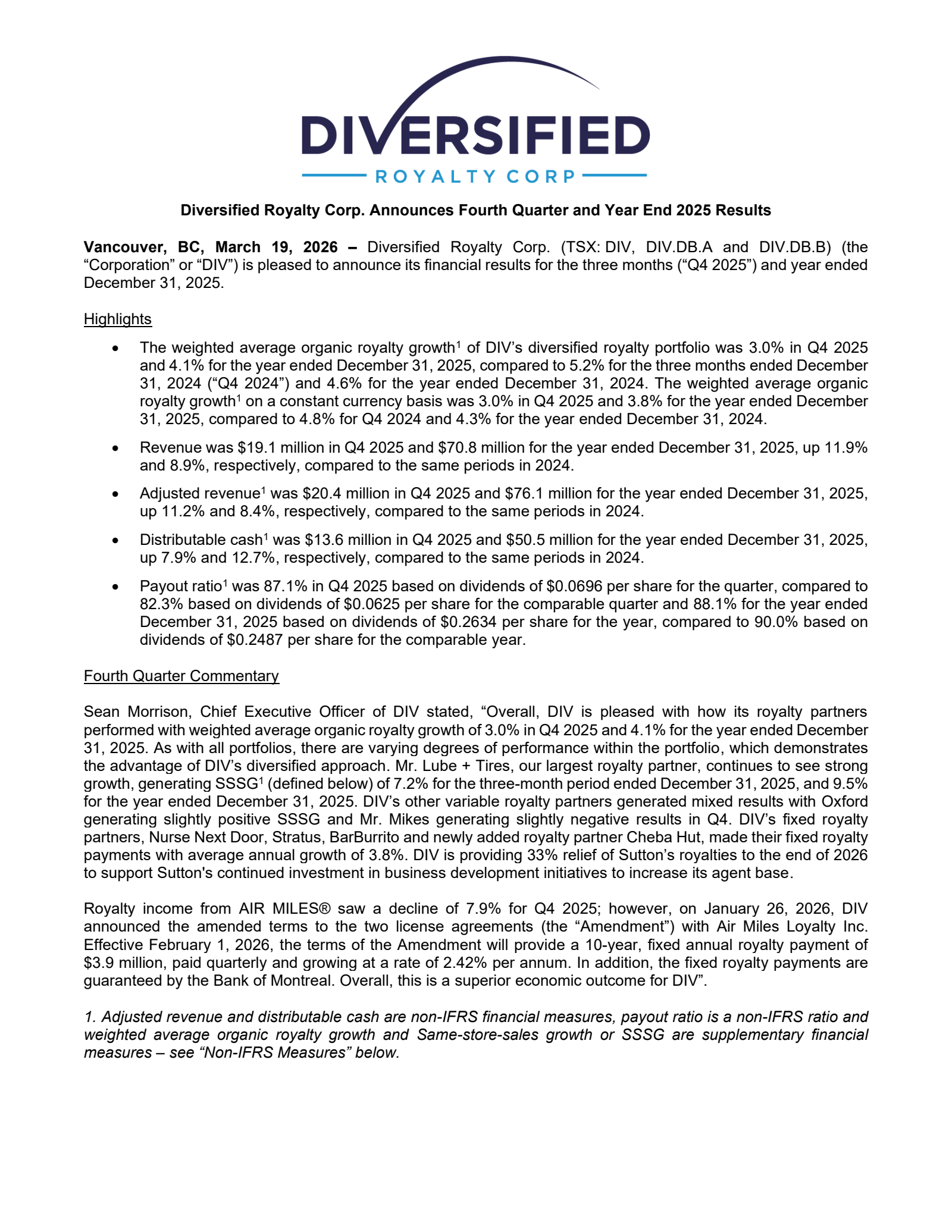Diversified Royalty's Q4 2025 Press Release