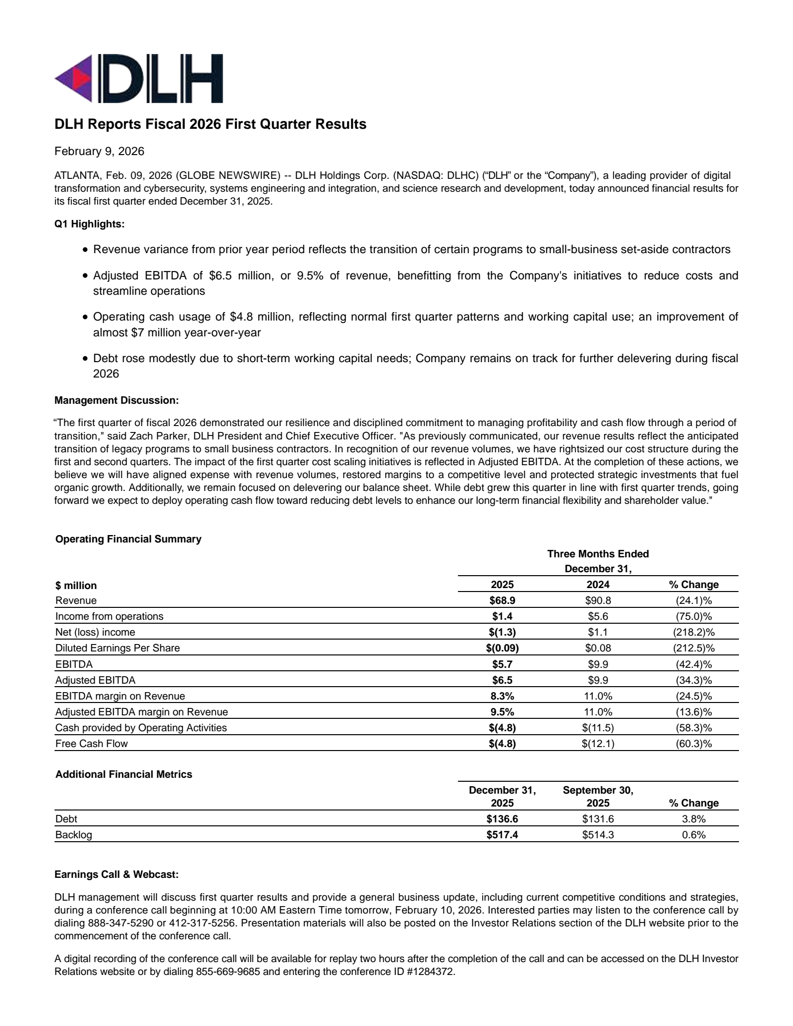 DLH's Q1 2026 Press Release