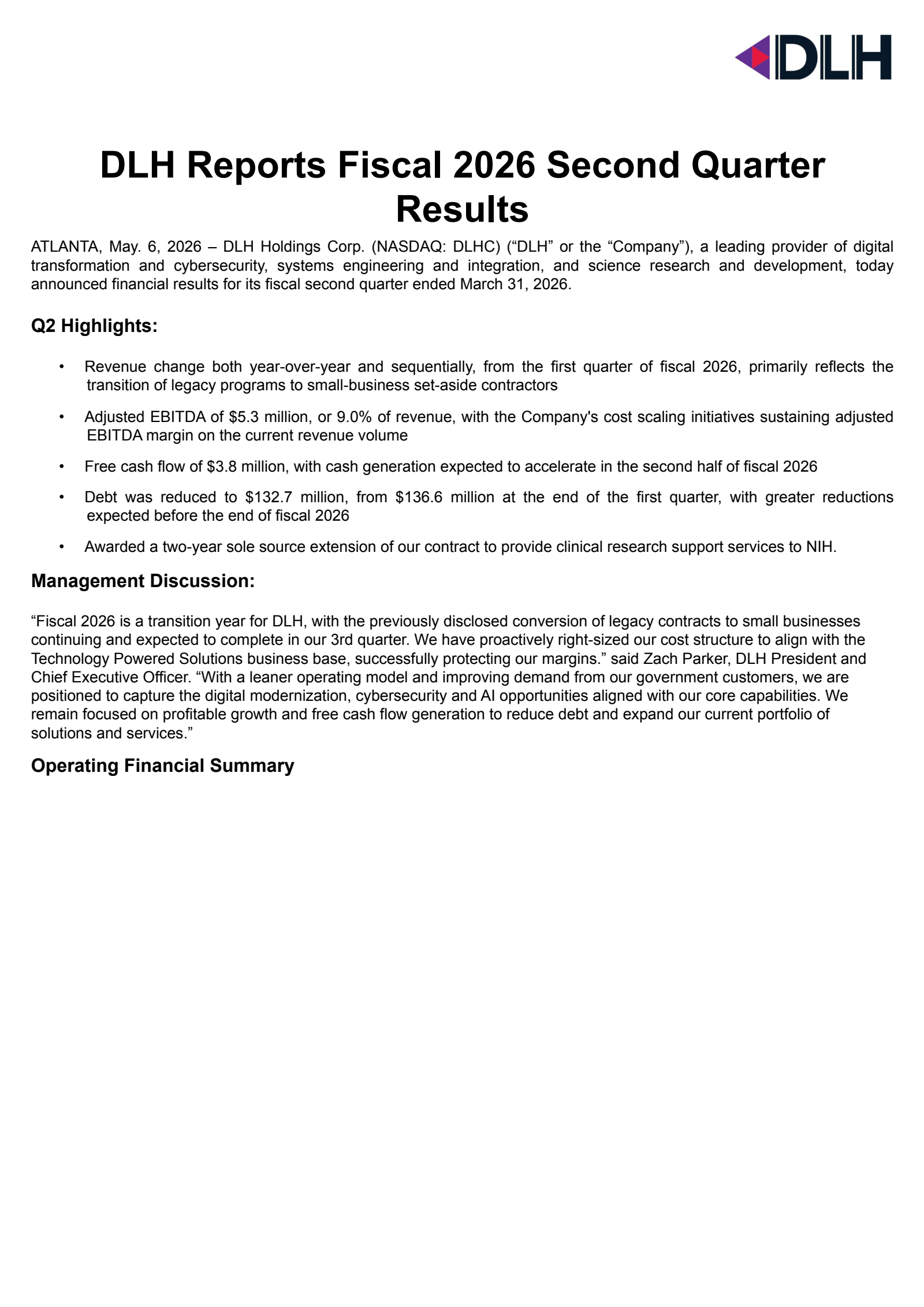 DLH's Q2 2026 Press Release