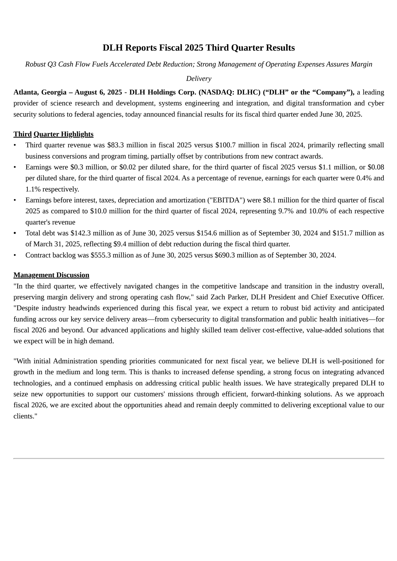 DLH's Q3 2025 Press Release