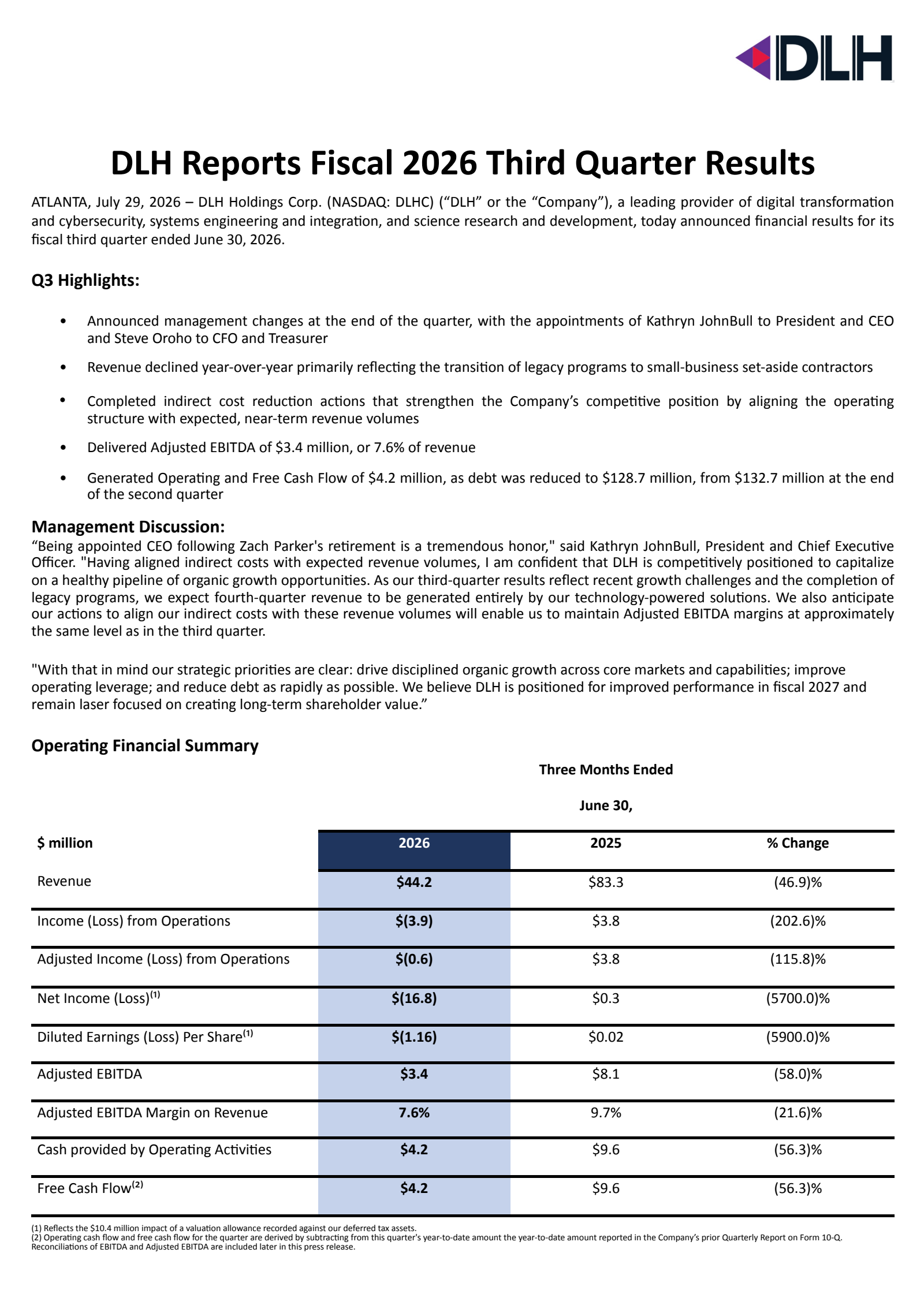 DLH's Q3 2026 Press Release