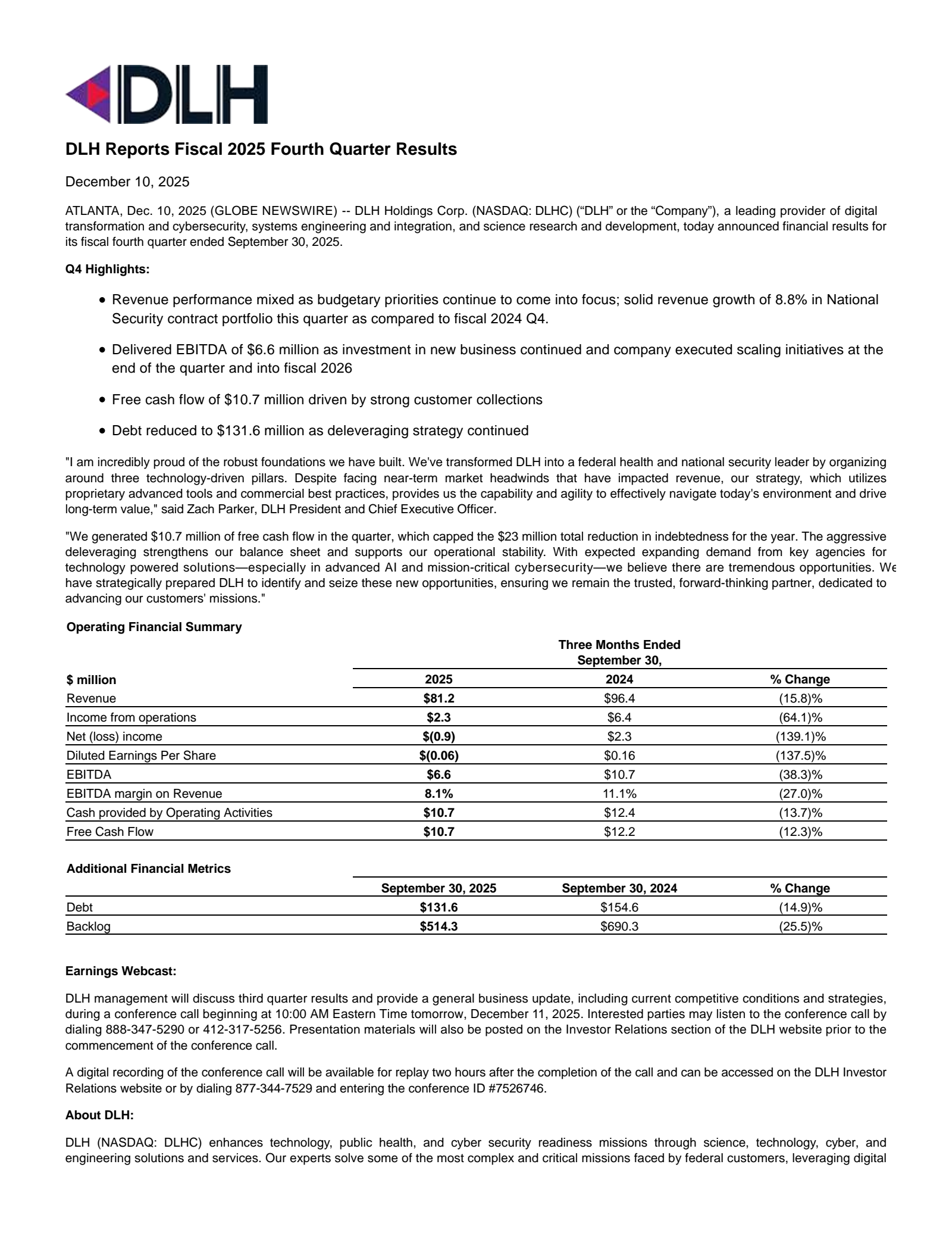 DLH's Q4 2025 Earnings Release
