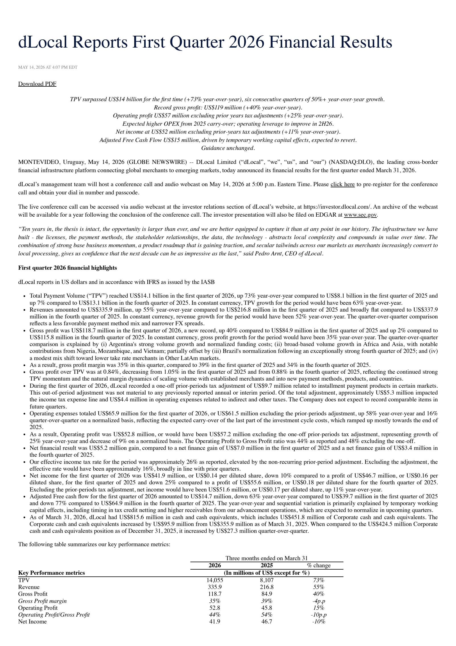 DLocal's Q1 2026 Press Release