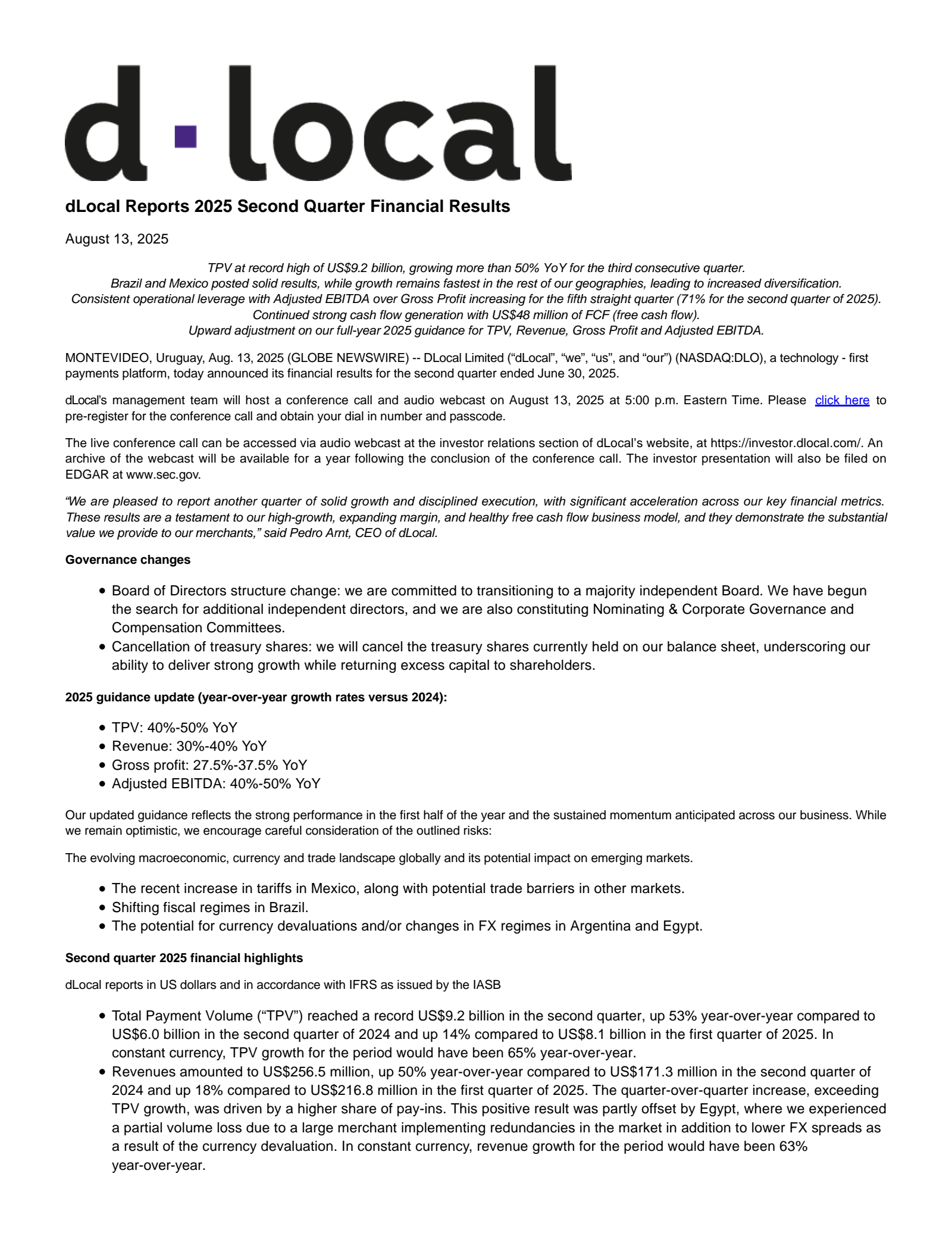 DLocal's Q2 2025 Press Release