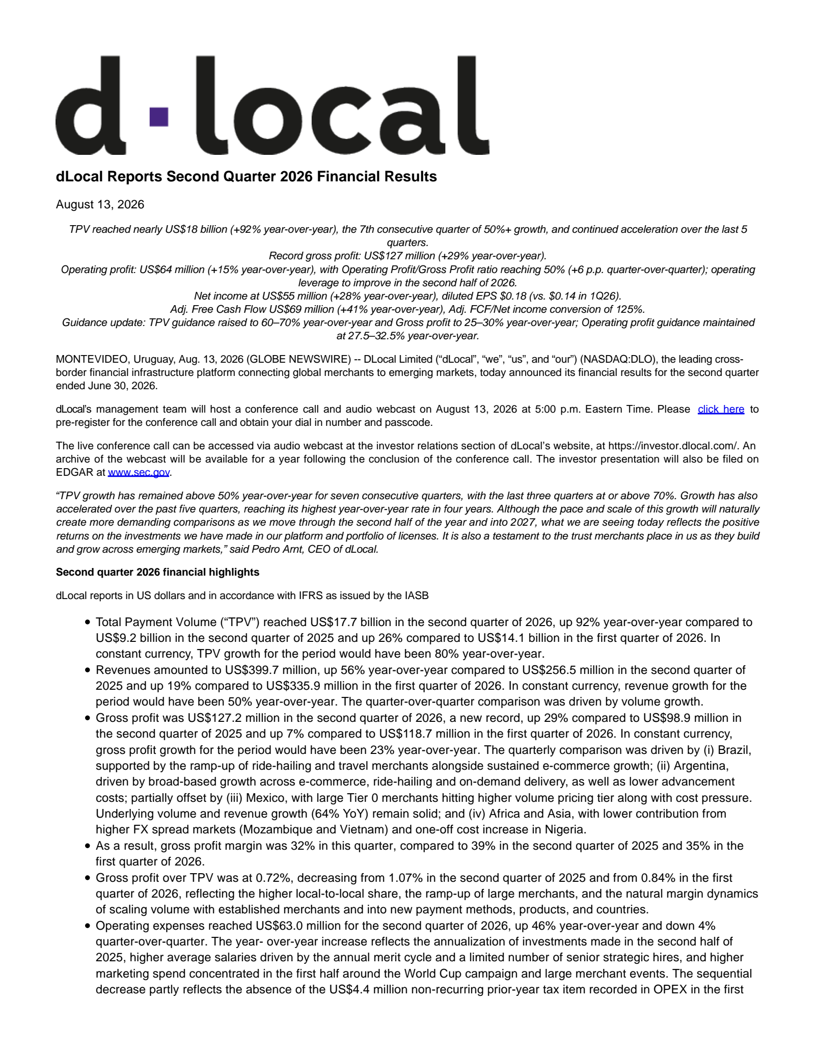 DLocal's Q2 2026 Press Release