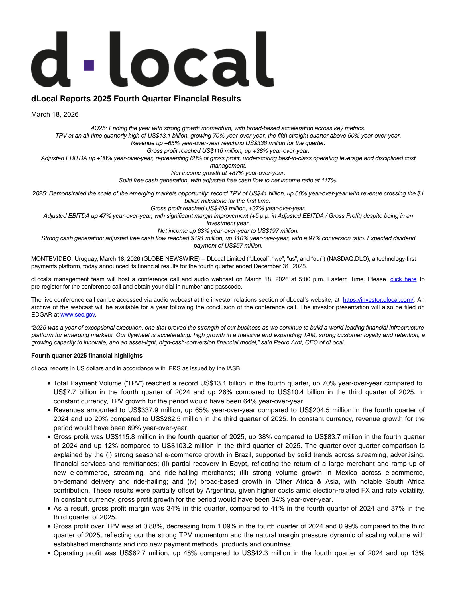 DLocal's Q4 2025 Press Release