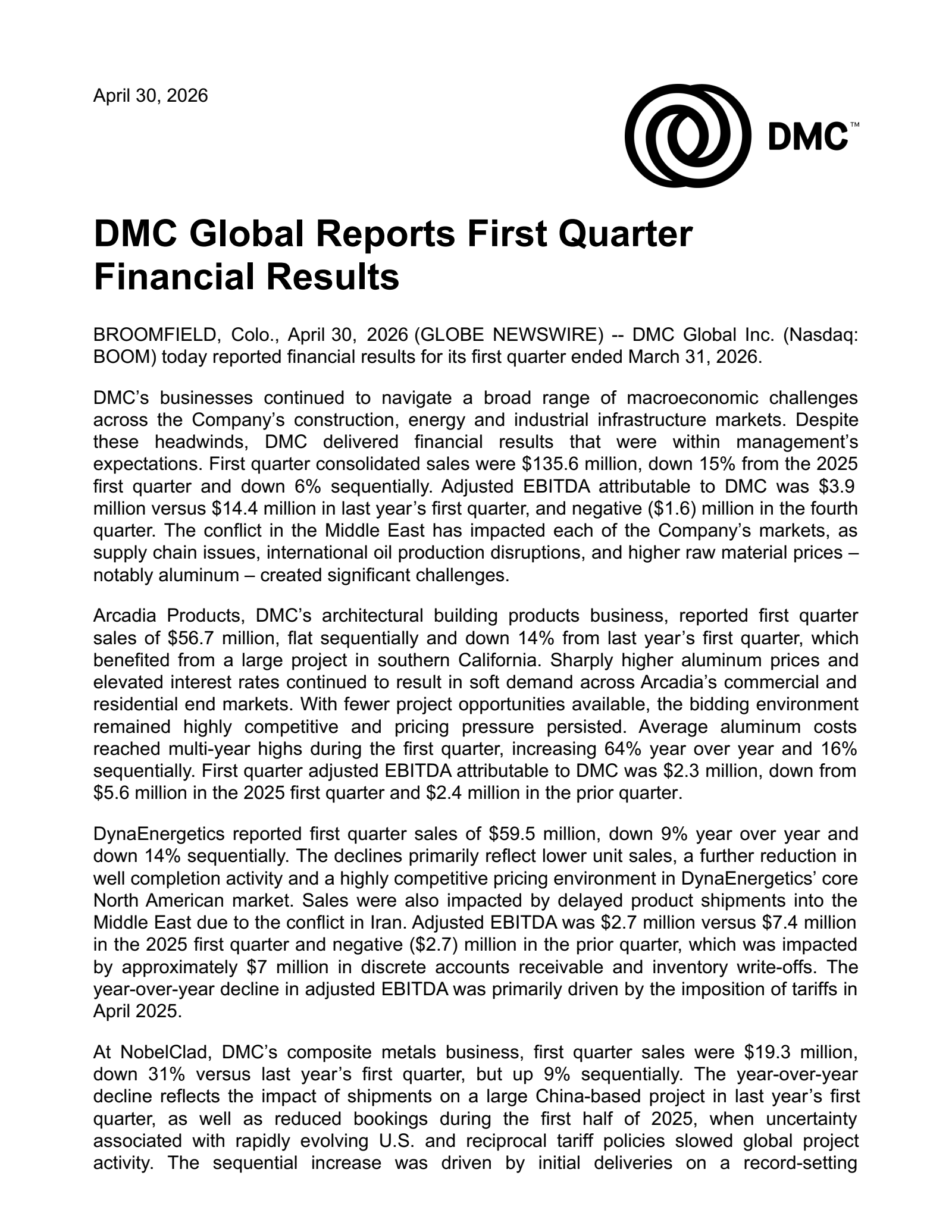 DMC Global's Q1 2026 Press Release