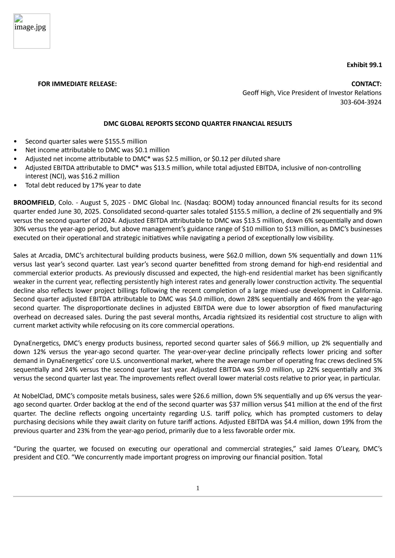 DMC Global's Q2 2025 Press Release