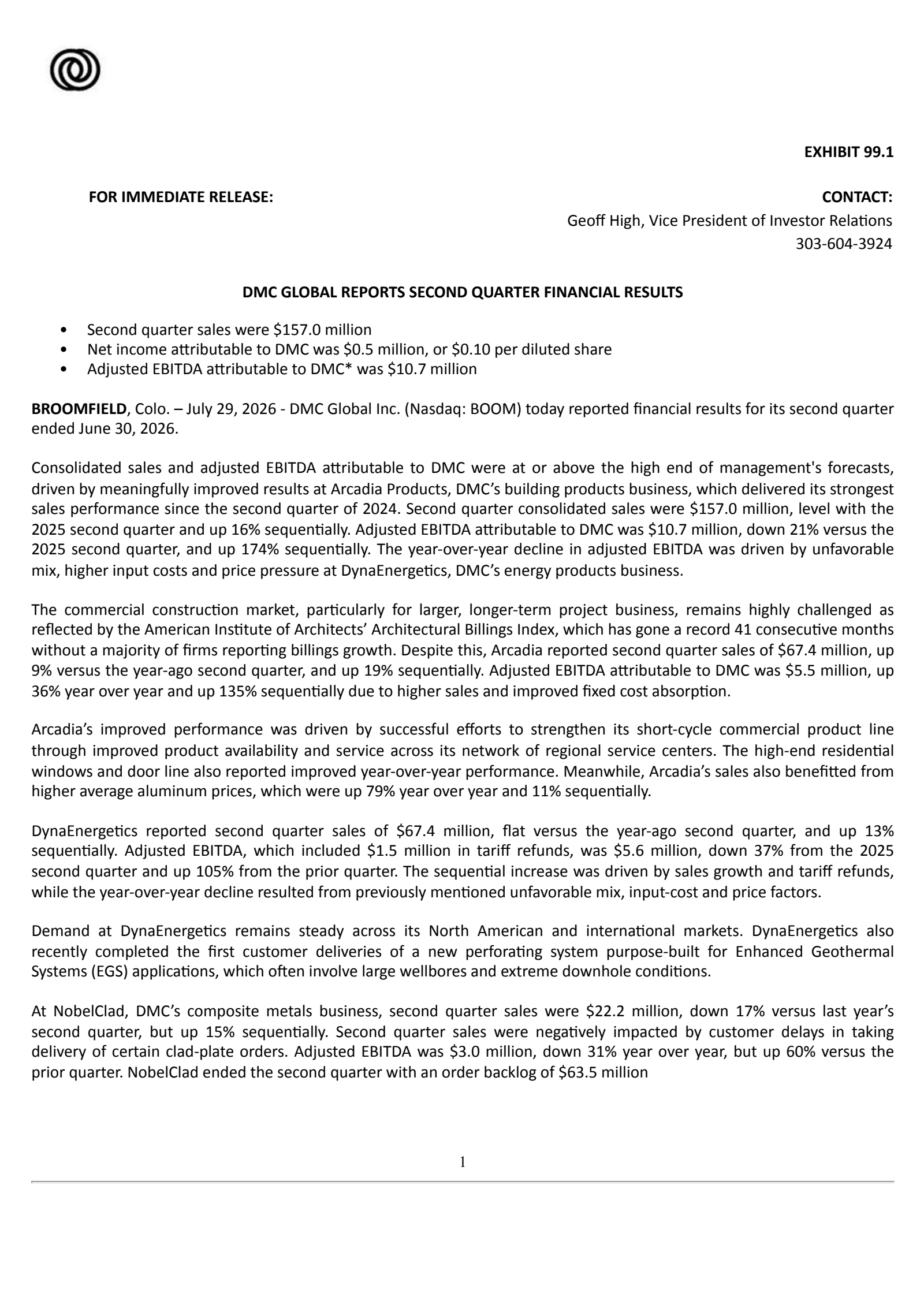DMC Global's Q2 2026 Press Release