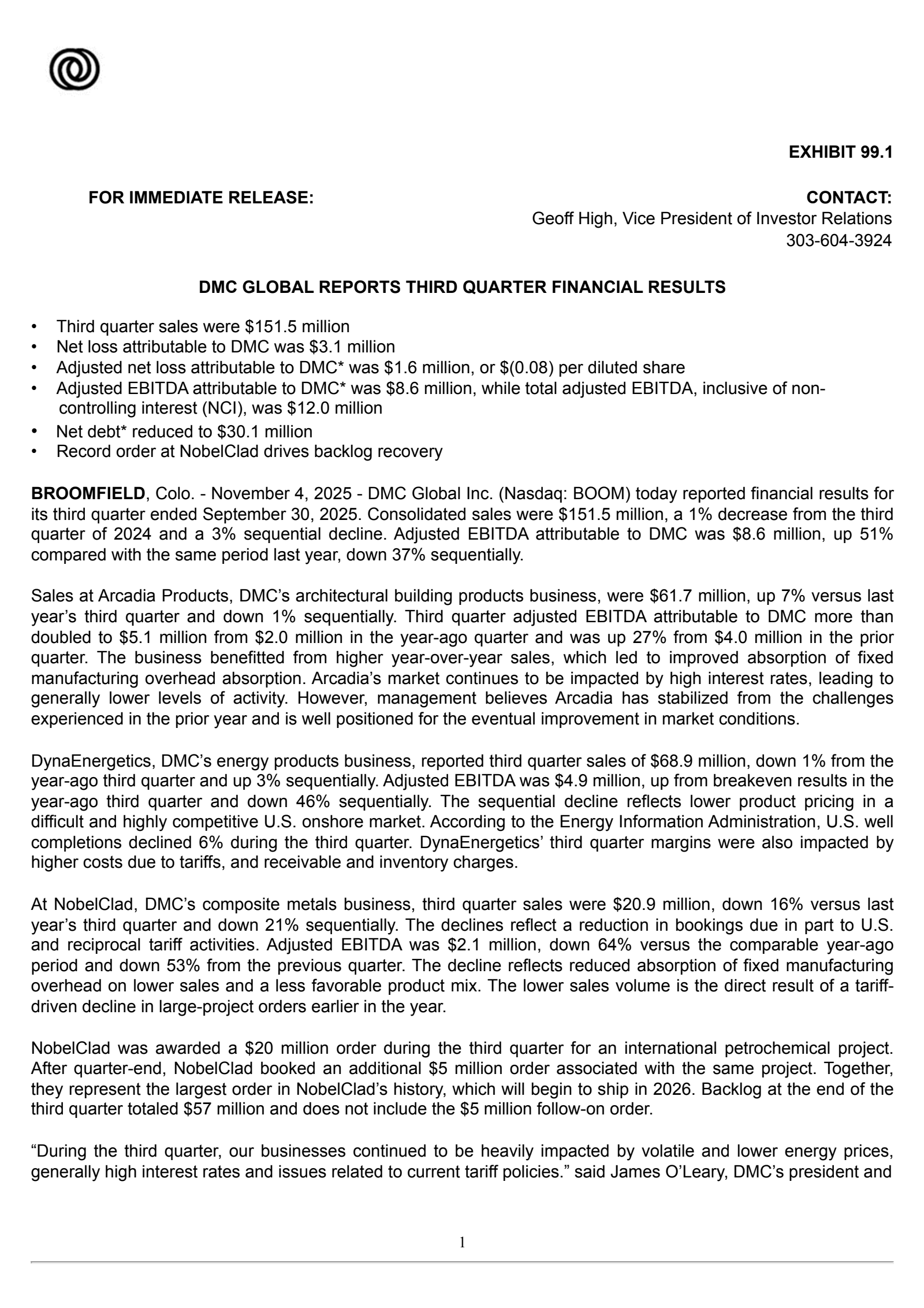 DMC Global's Q3 2025 Earnings Release