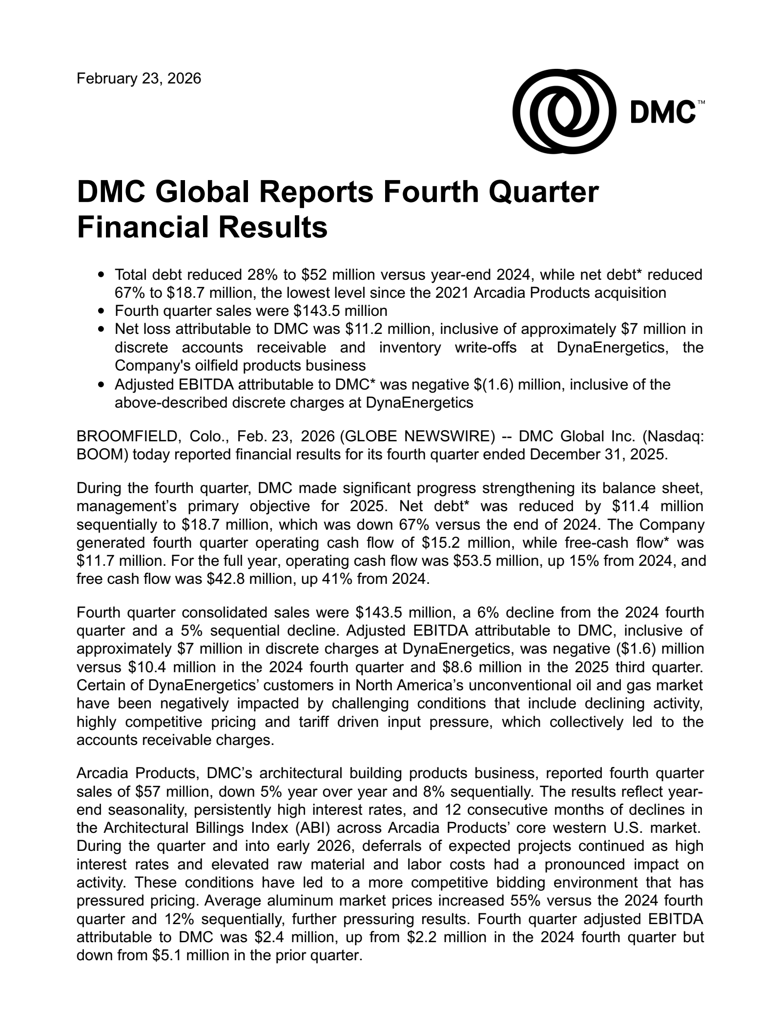 DMC Global's Q4 2025 Press Release