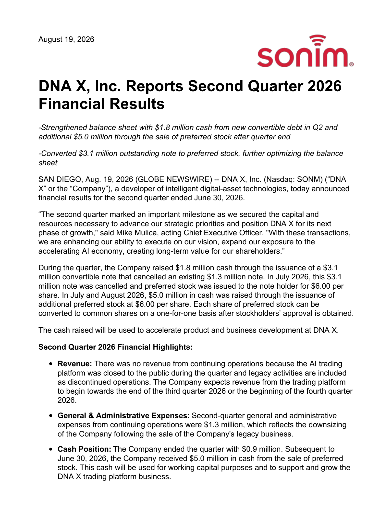 Sonim Technologies' Q2 2026 Press Release