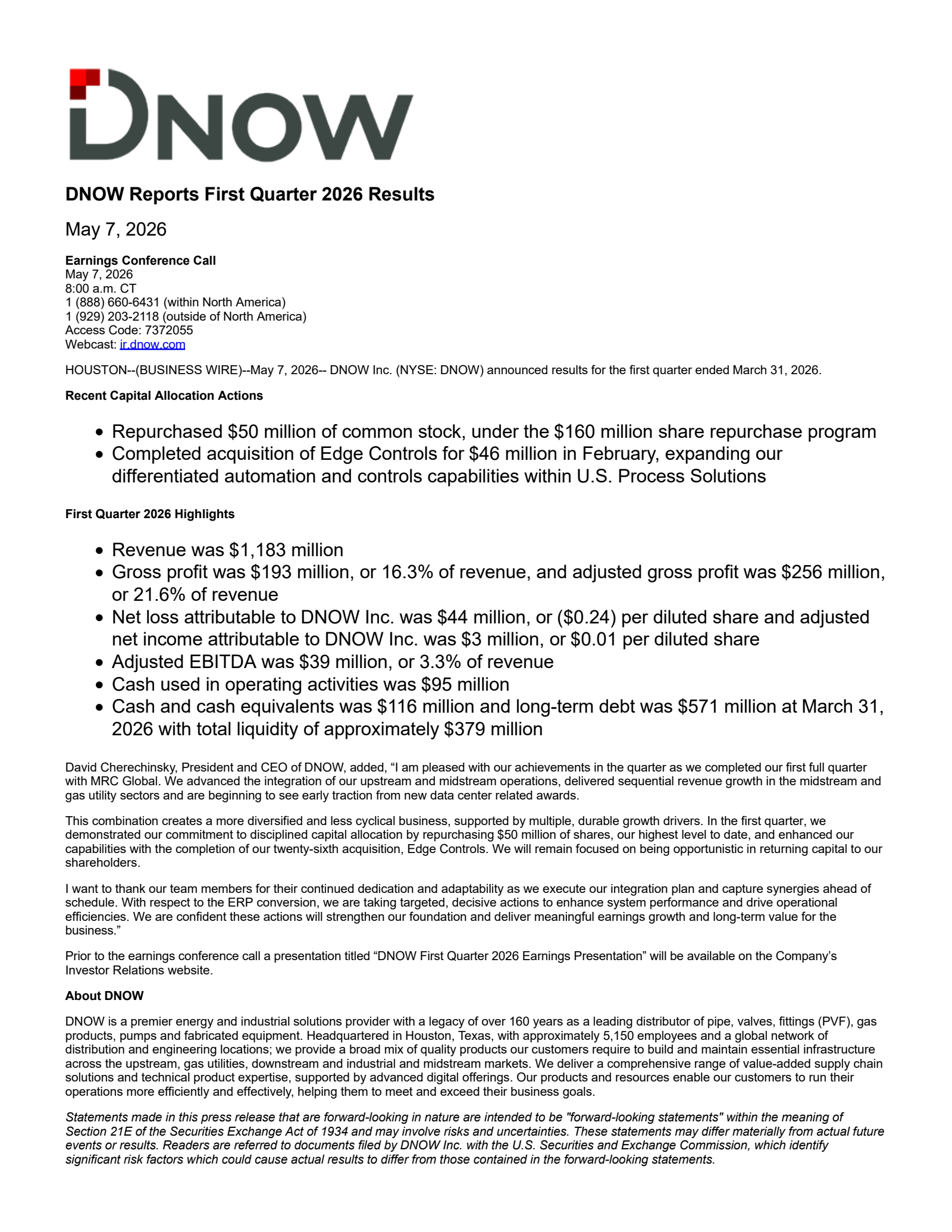 DNOW's Q1 2026 Press Release