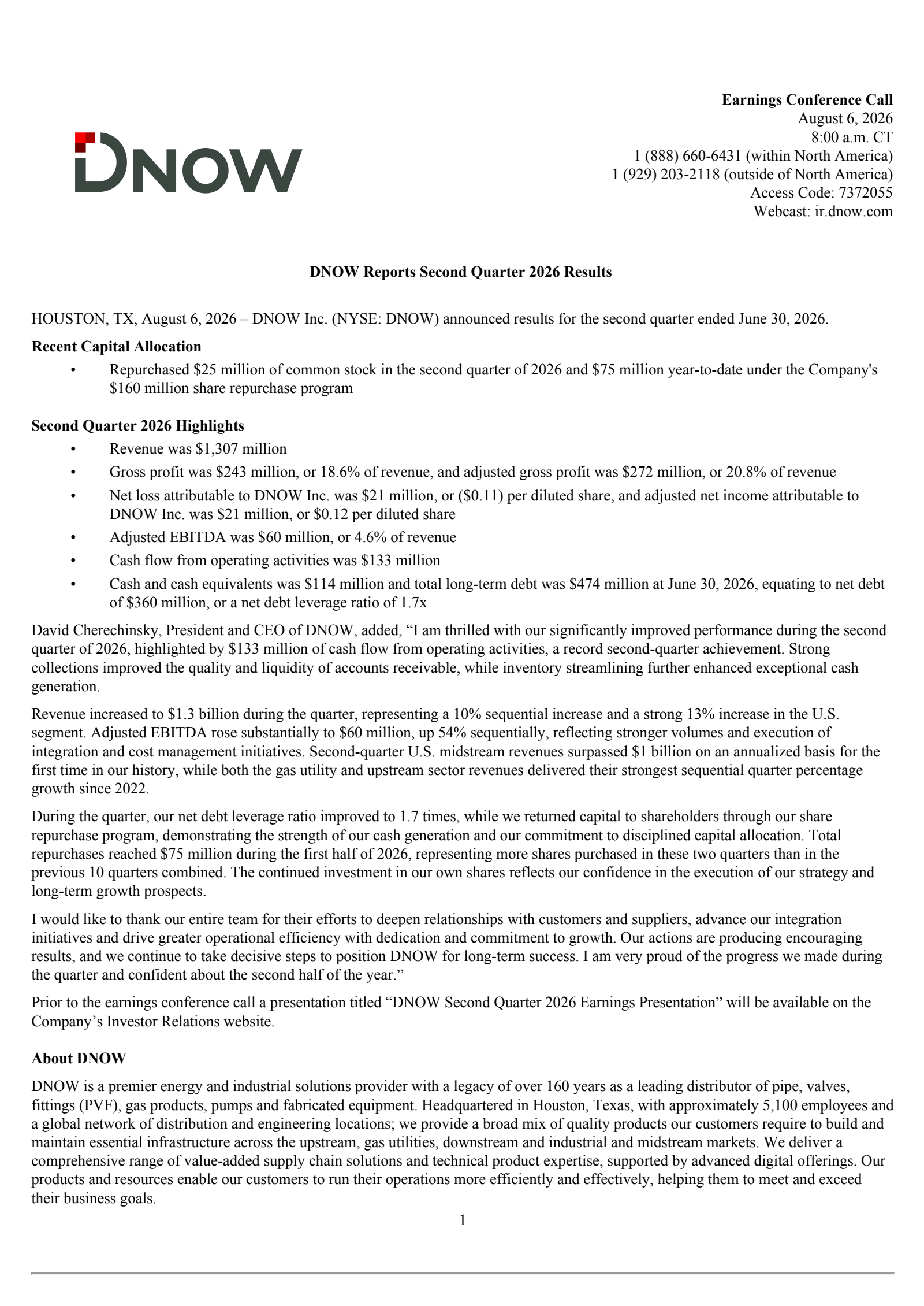 DNOW's Q2 2026 Press Release