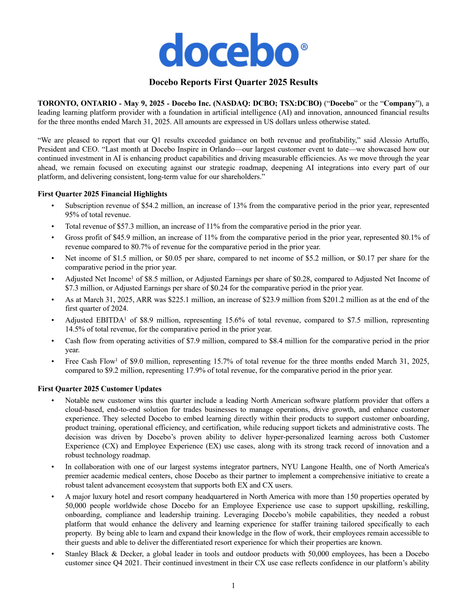 Docebo's Q1 2025 Press Release