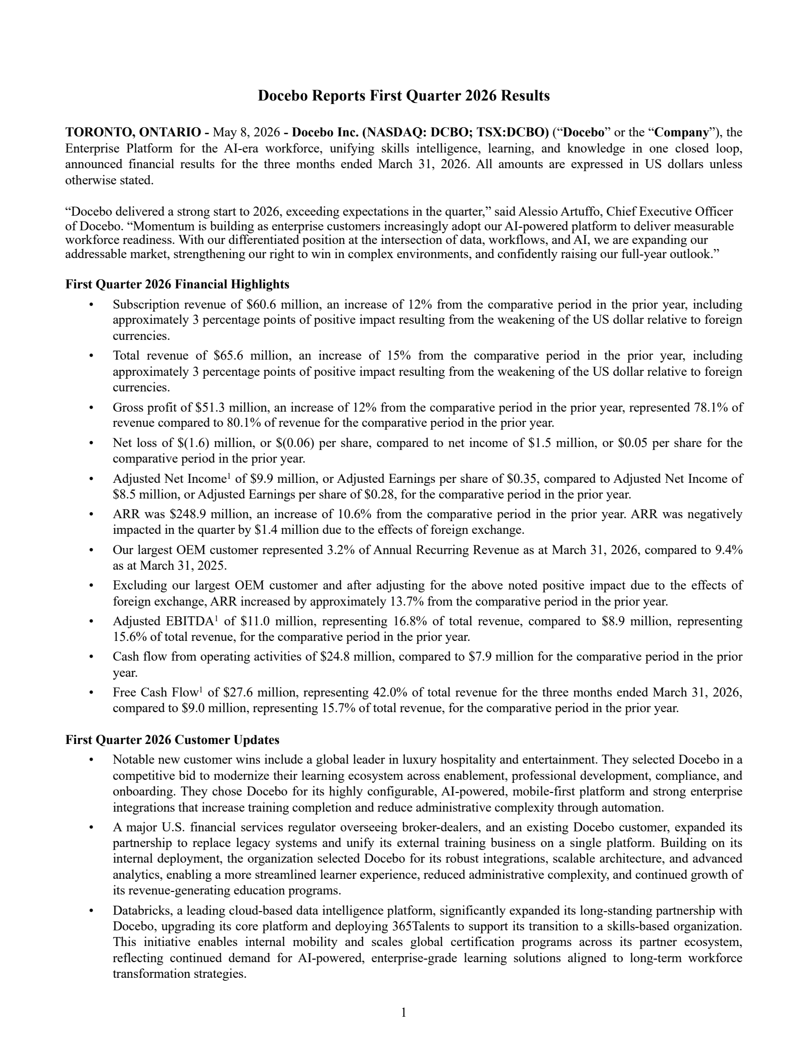 Docebo's Q1 2026 Press Release