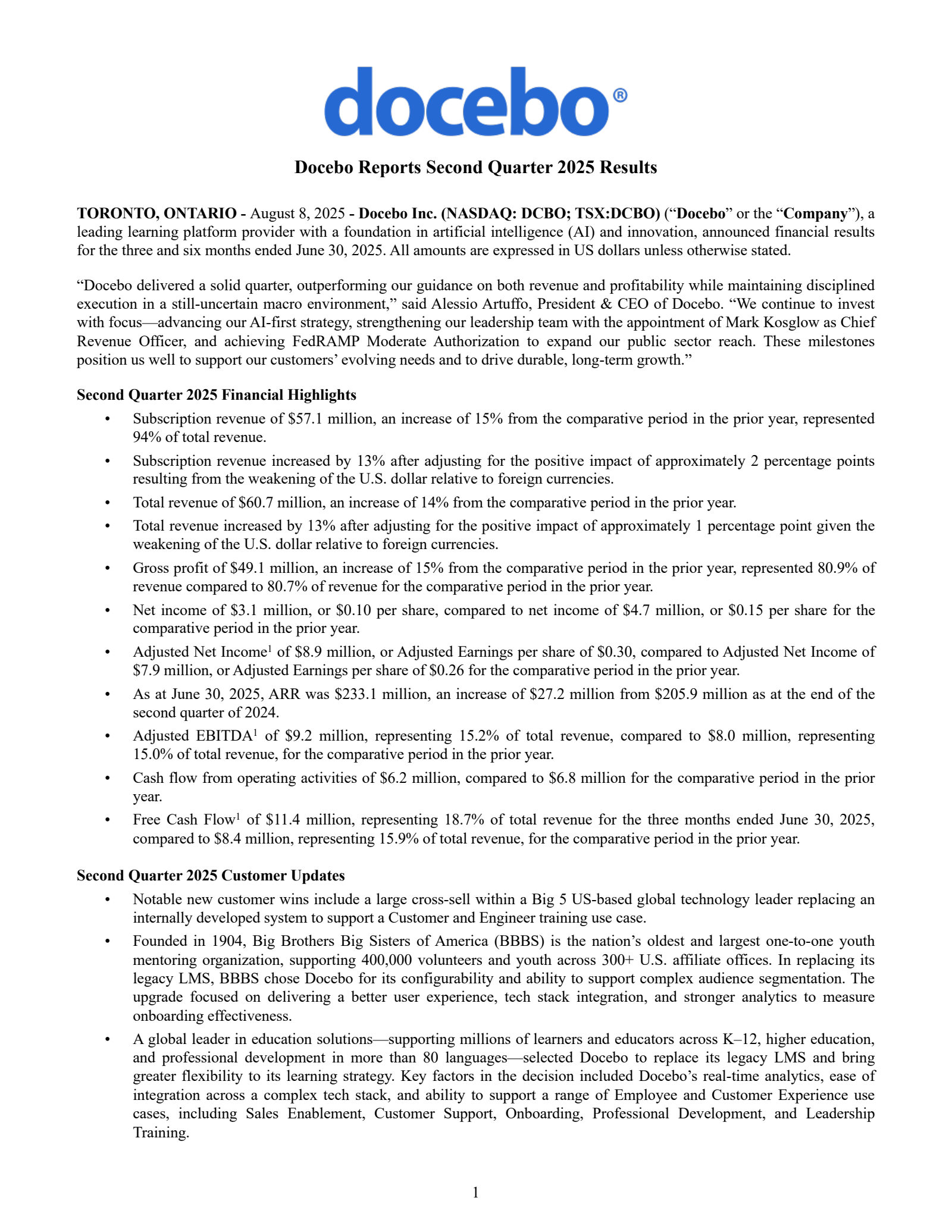 Docebo's Q2 2025 Press Release