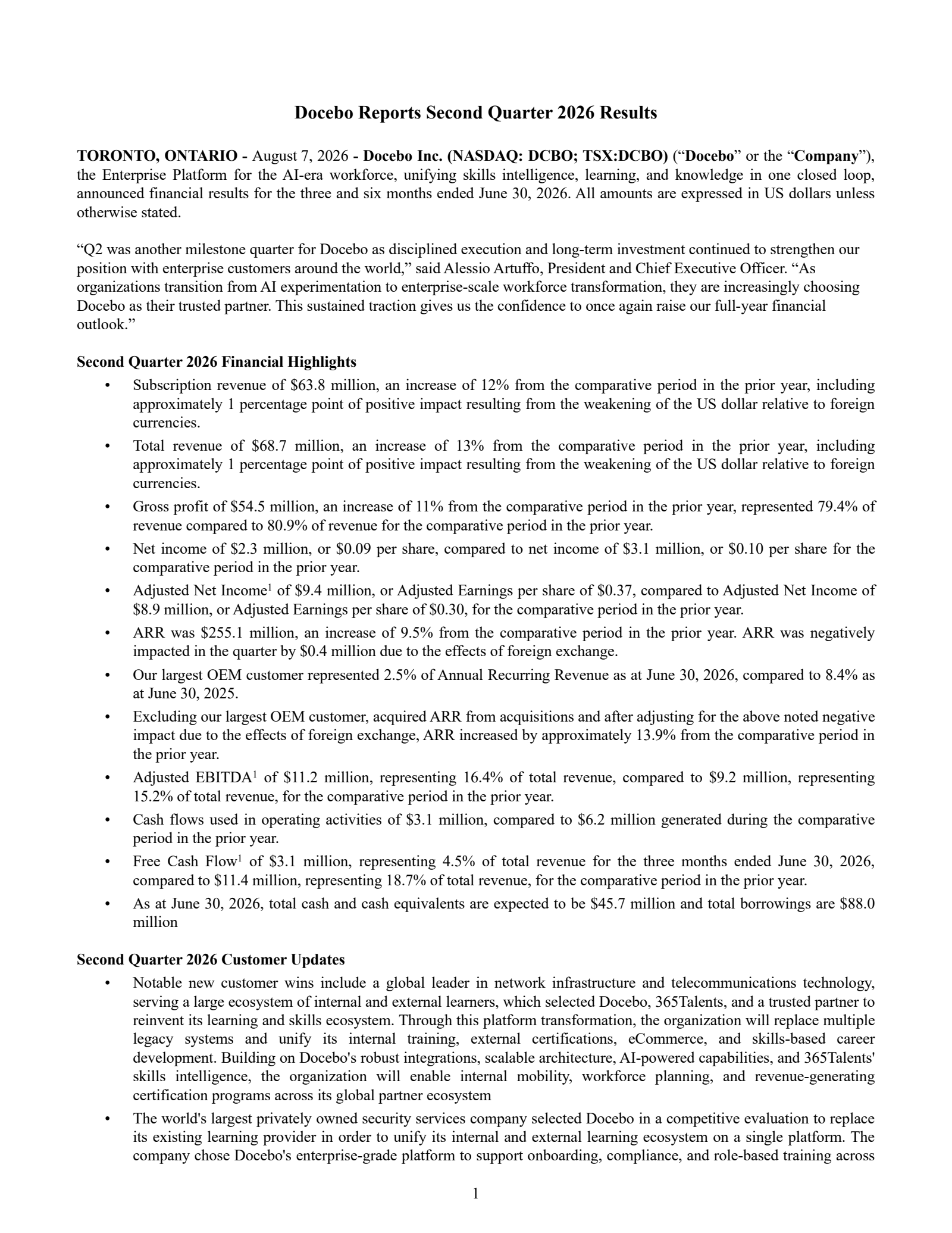 Docebo's Q2 2026 Press Release