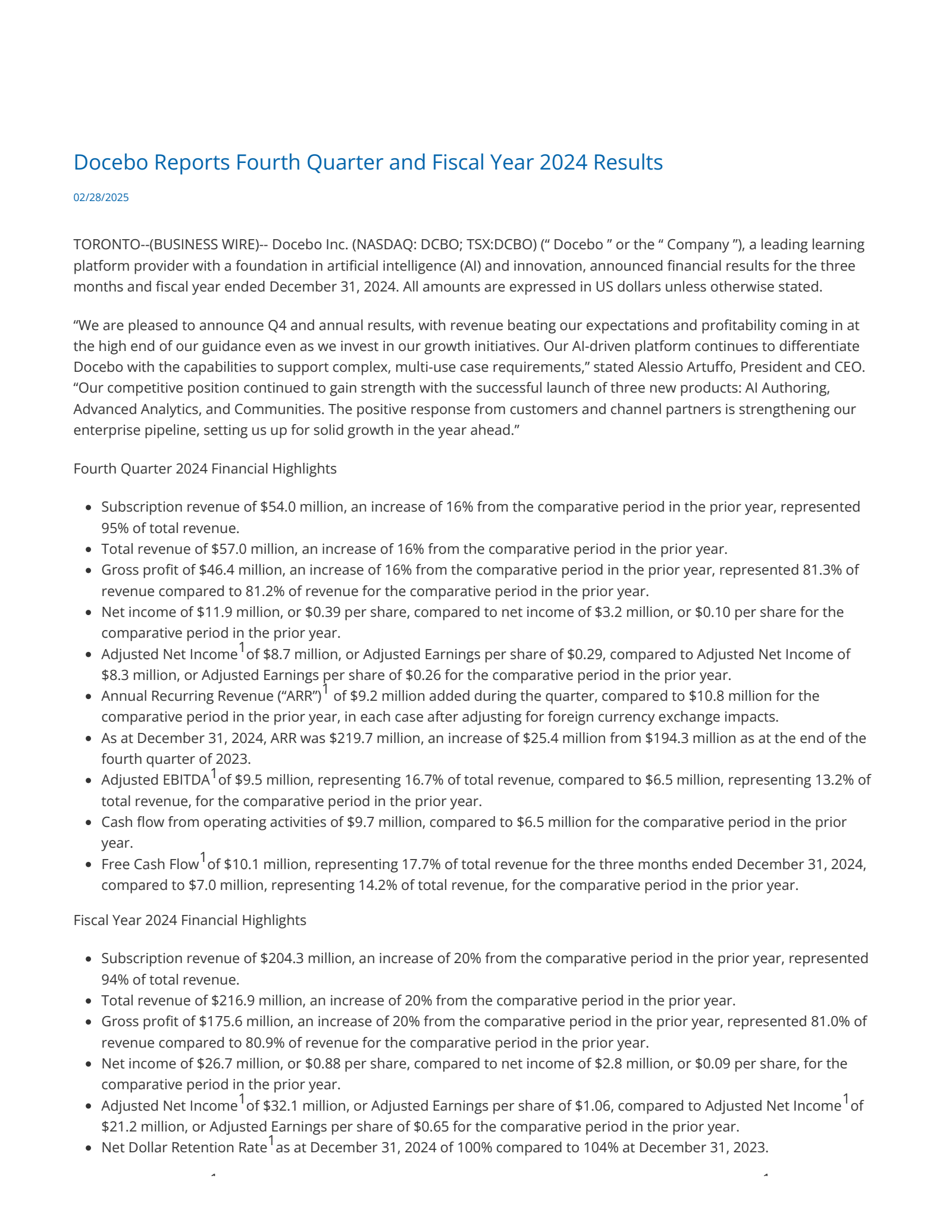 Docebo's Q4 2024 Press Release