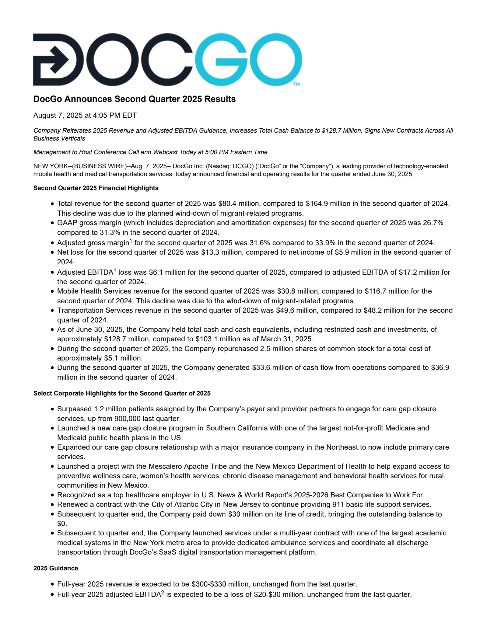 DocGo's Q2 2025 Press Release