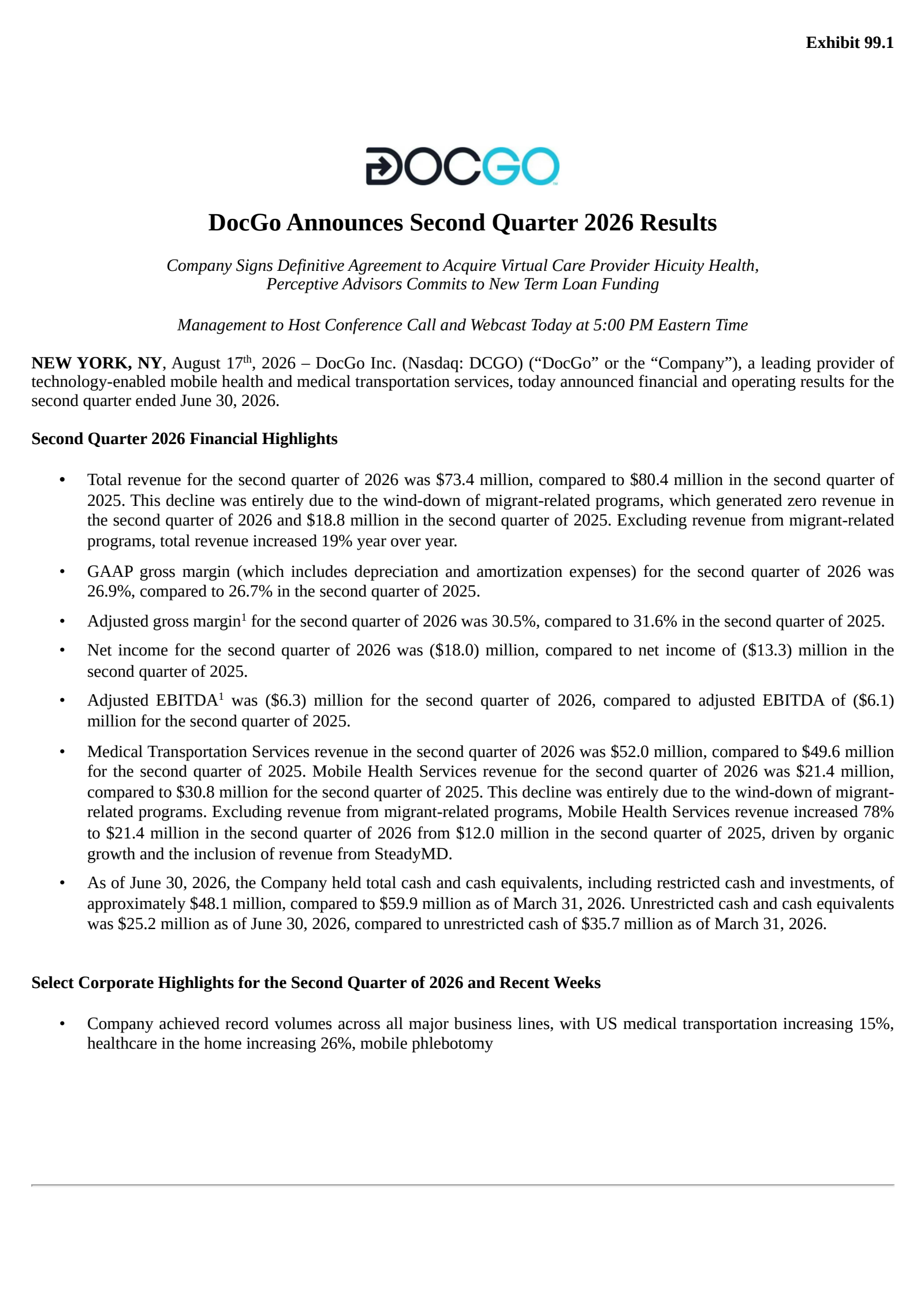 DocGo's Q2 2026 Press Release