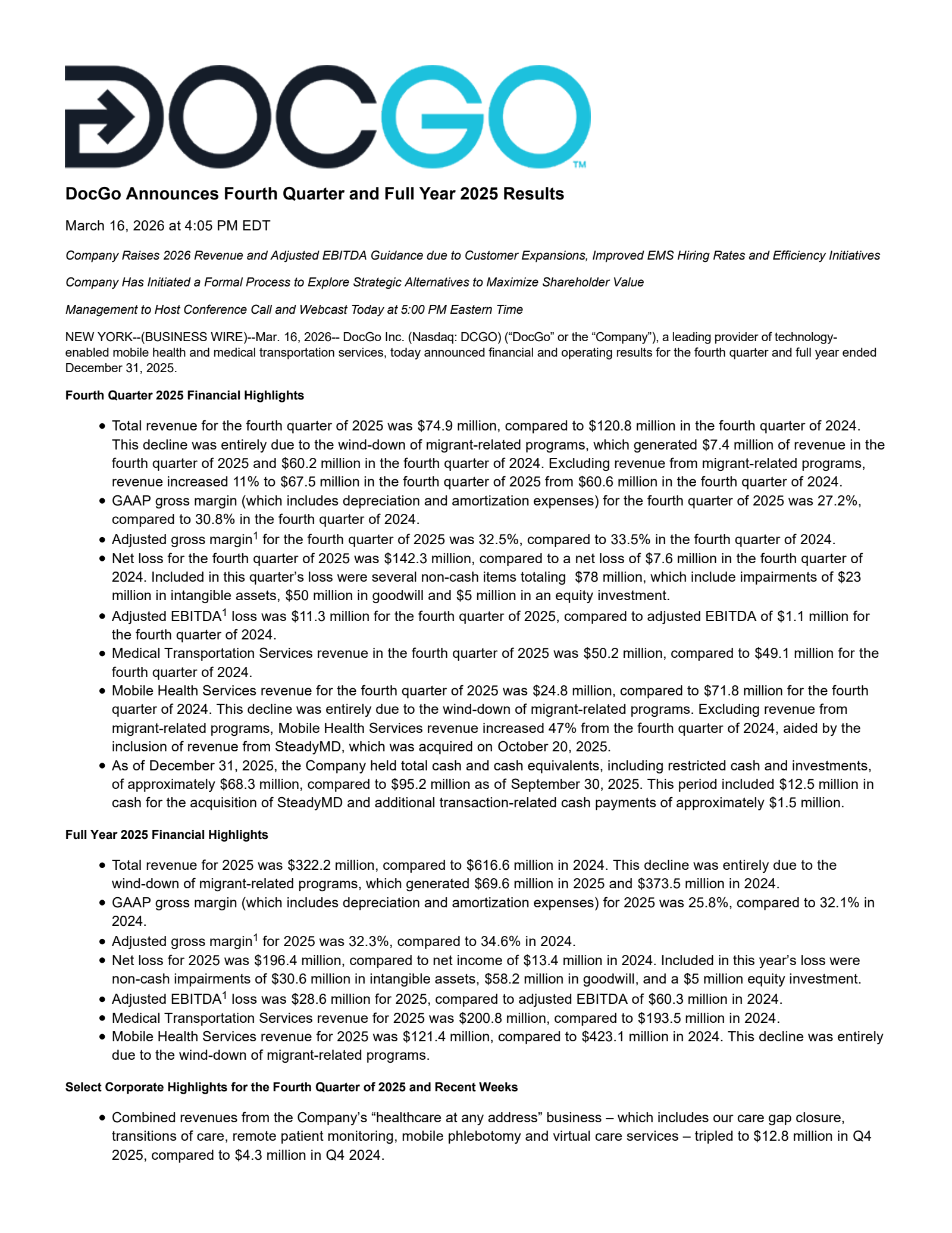 DocGo's Q4 2025 Press Release