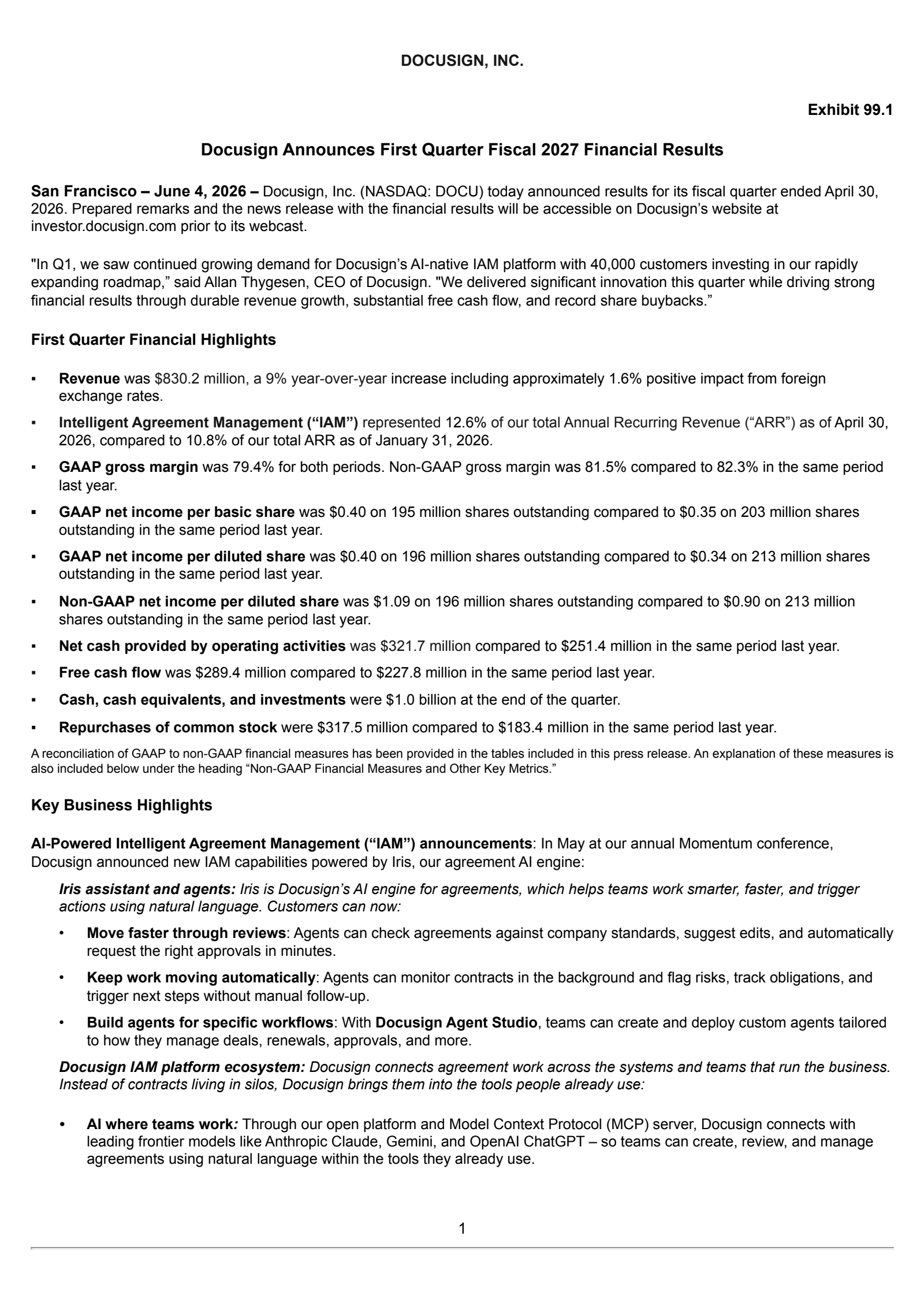 Docusign's Q1 2027 Press Release