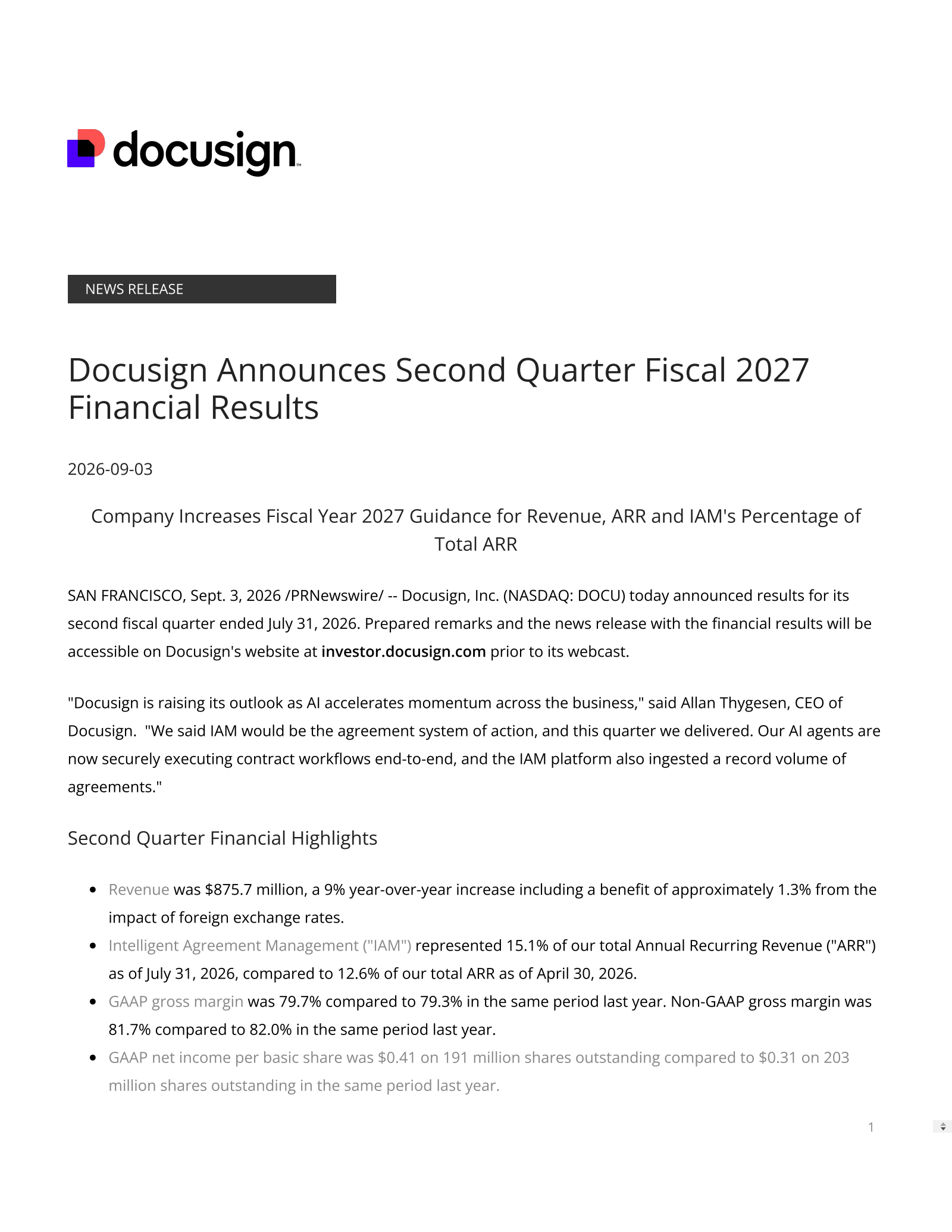 Docusign's Q2 2027 Press Release
