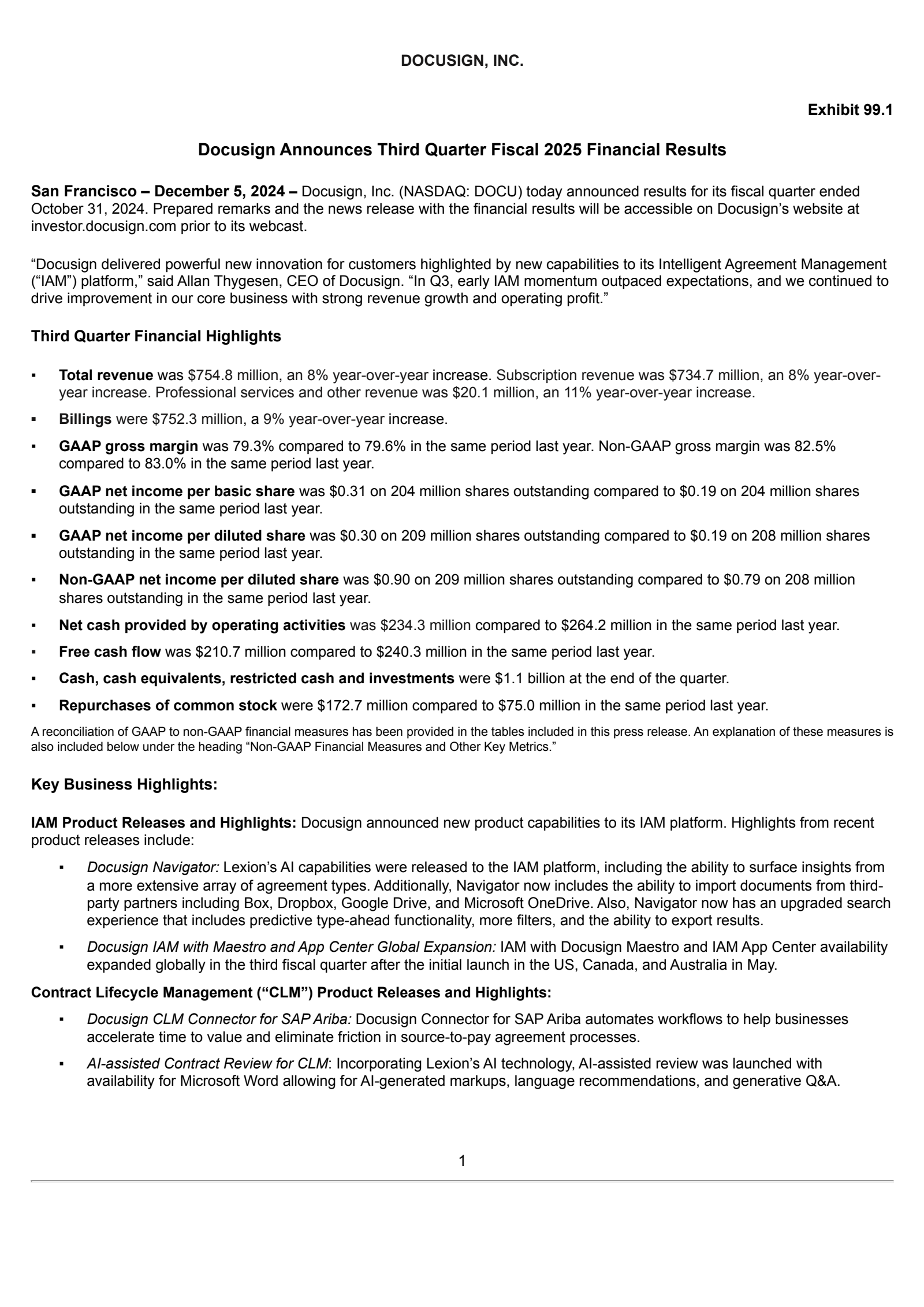 Docusign's Q3 2025 Press Release