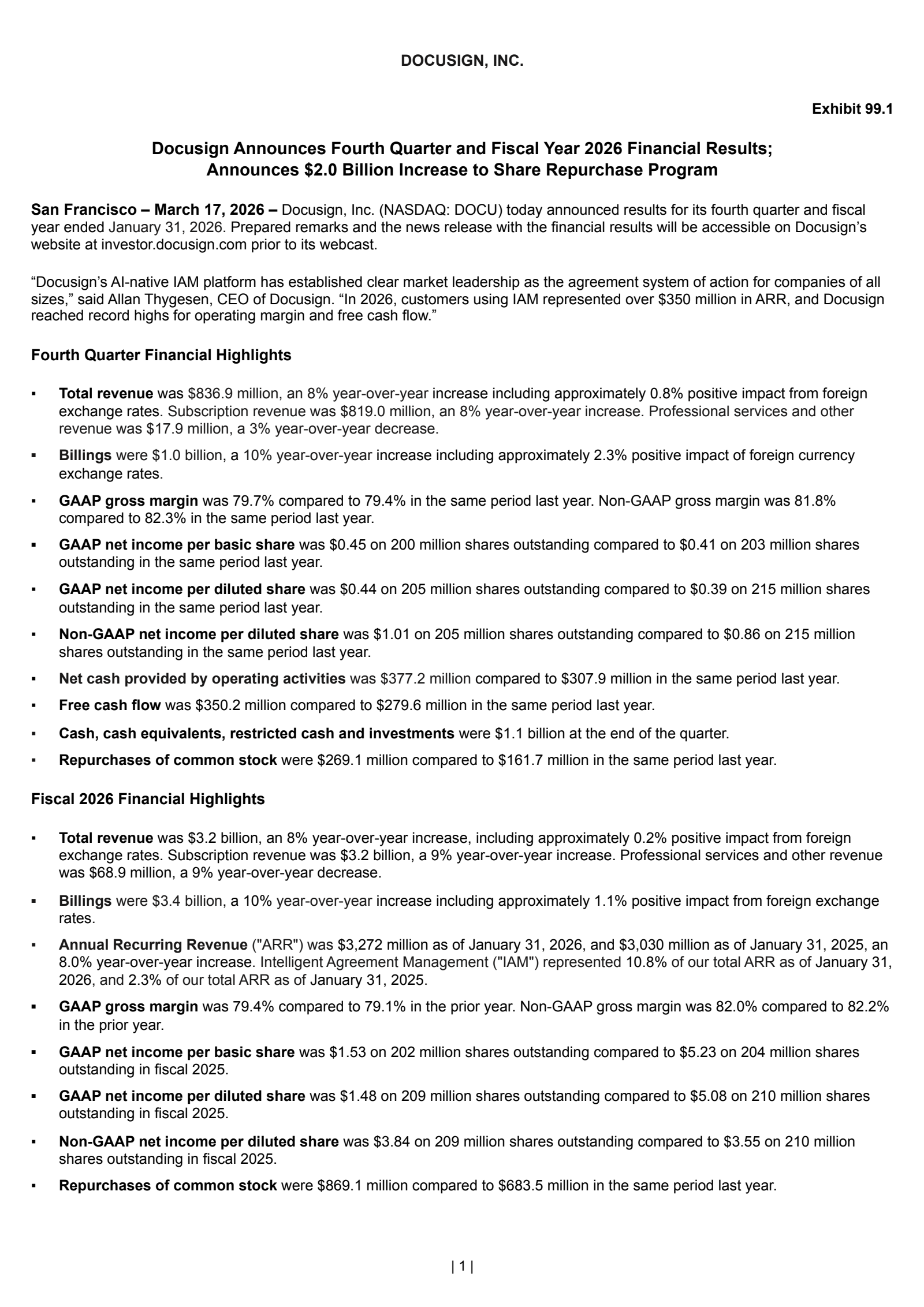 Docusign's Q4 2026 Press Release