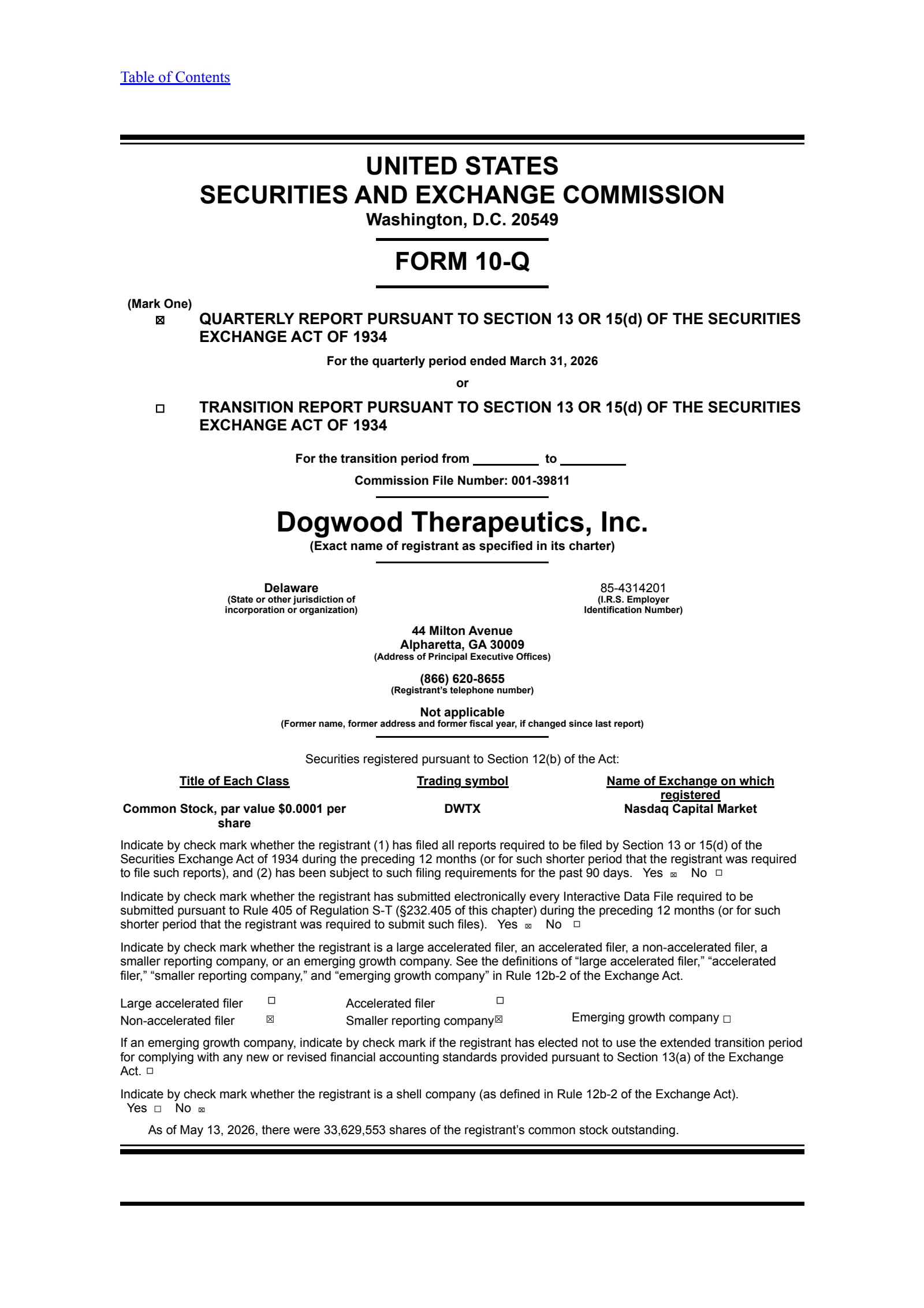 Dogwood Therapeutics' Q1 2026 Quarterly report