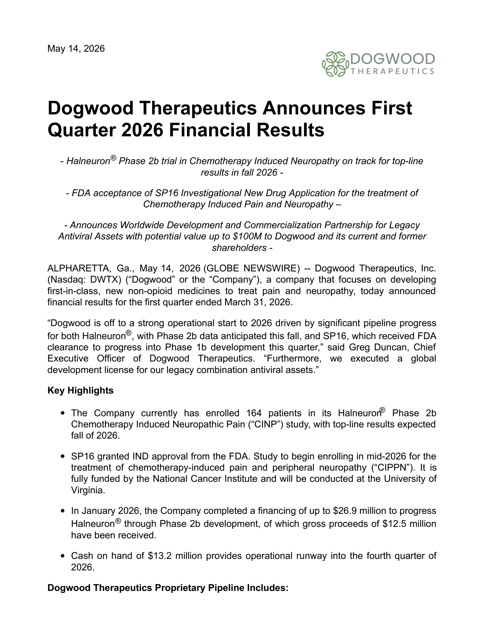Dogwood Therapeutics' Q1 2026 Press Release