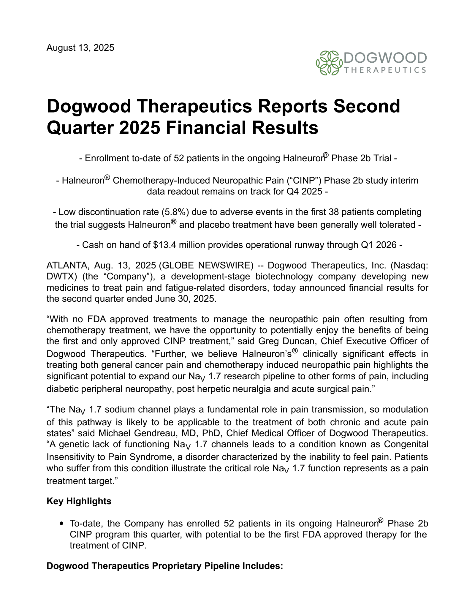 Dogwood Therapeutics' Q2 2025 Press Release