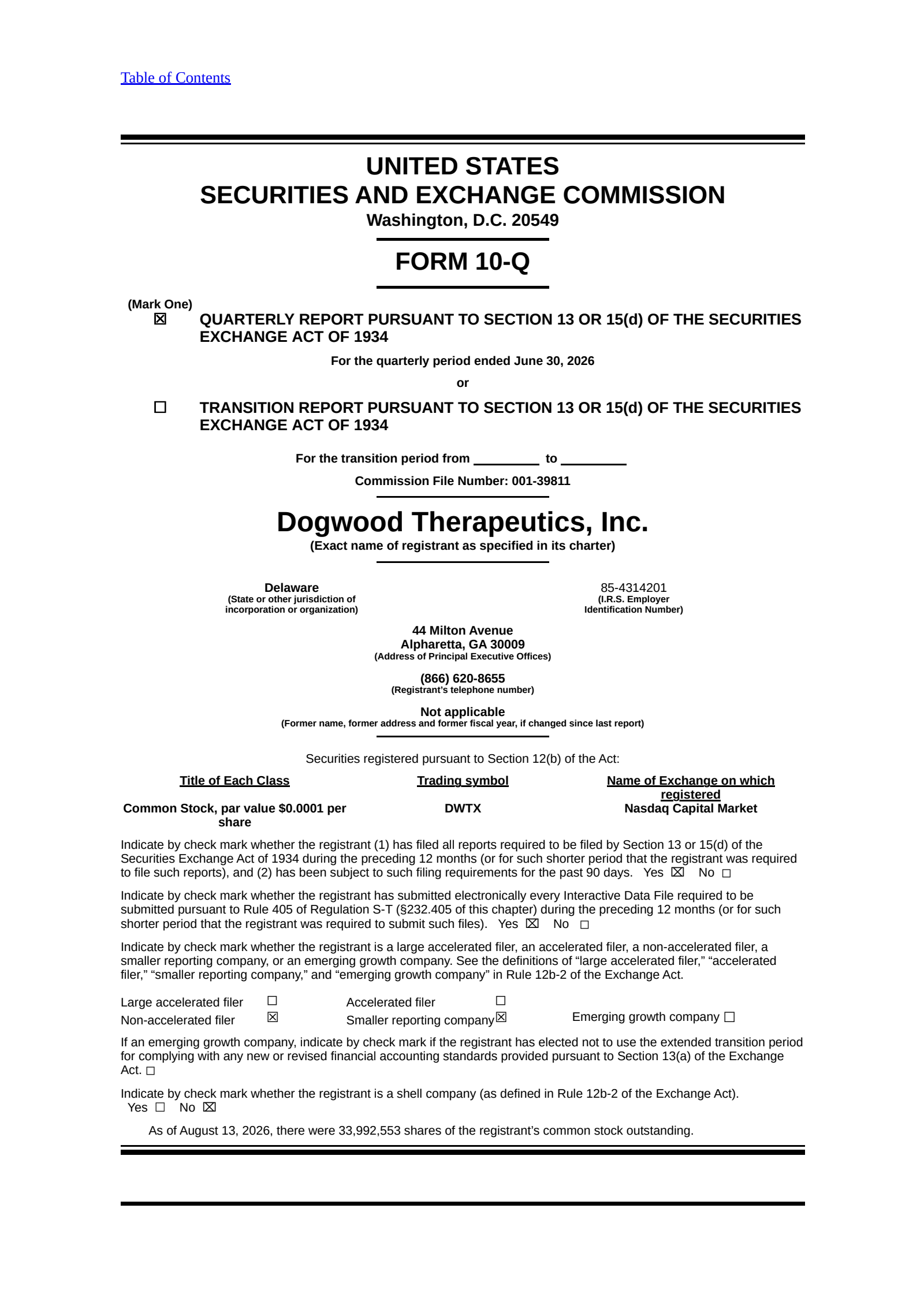 Dogwood Therapeutics' Q2 2026 Quarterly report