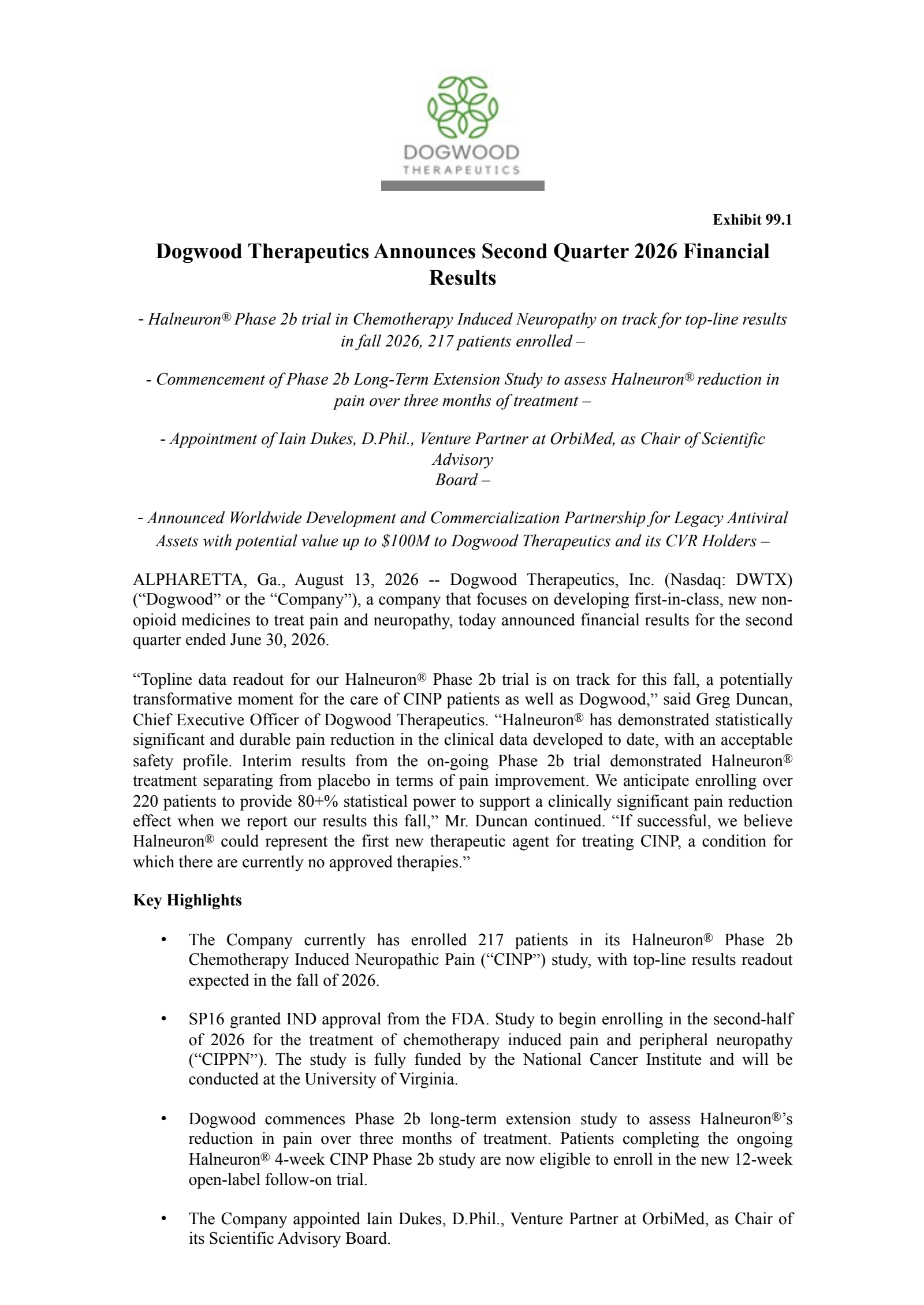 Dogwood Therapeutics' Q2 2026 Press Release