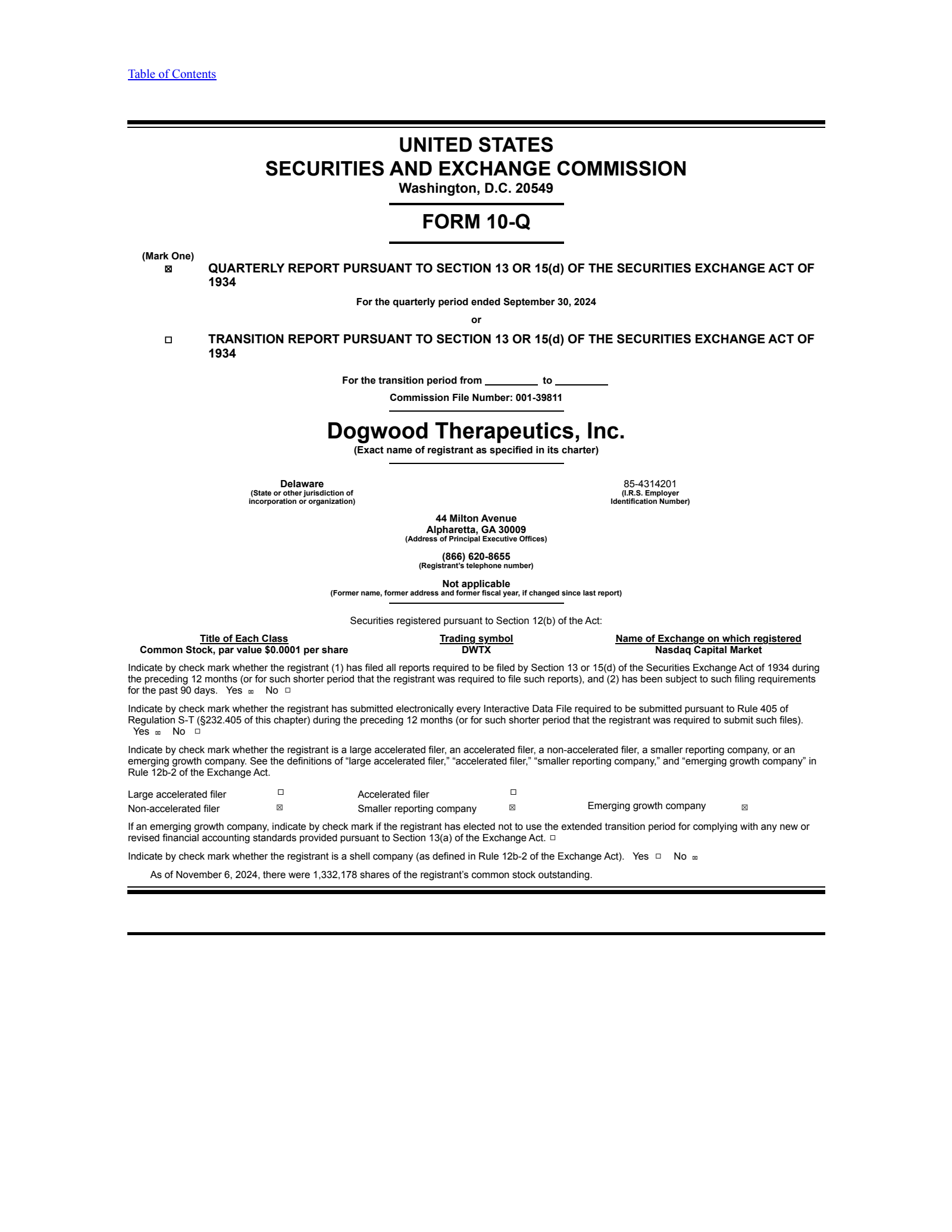 Dogwood Therapeutics' Q3 2024 Quarterly Report